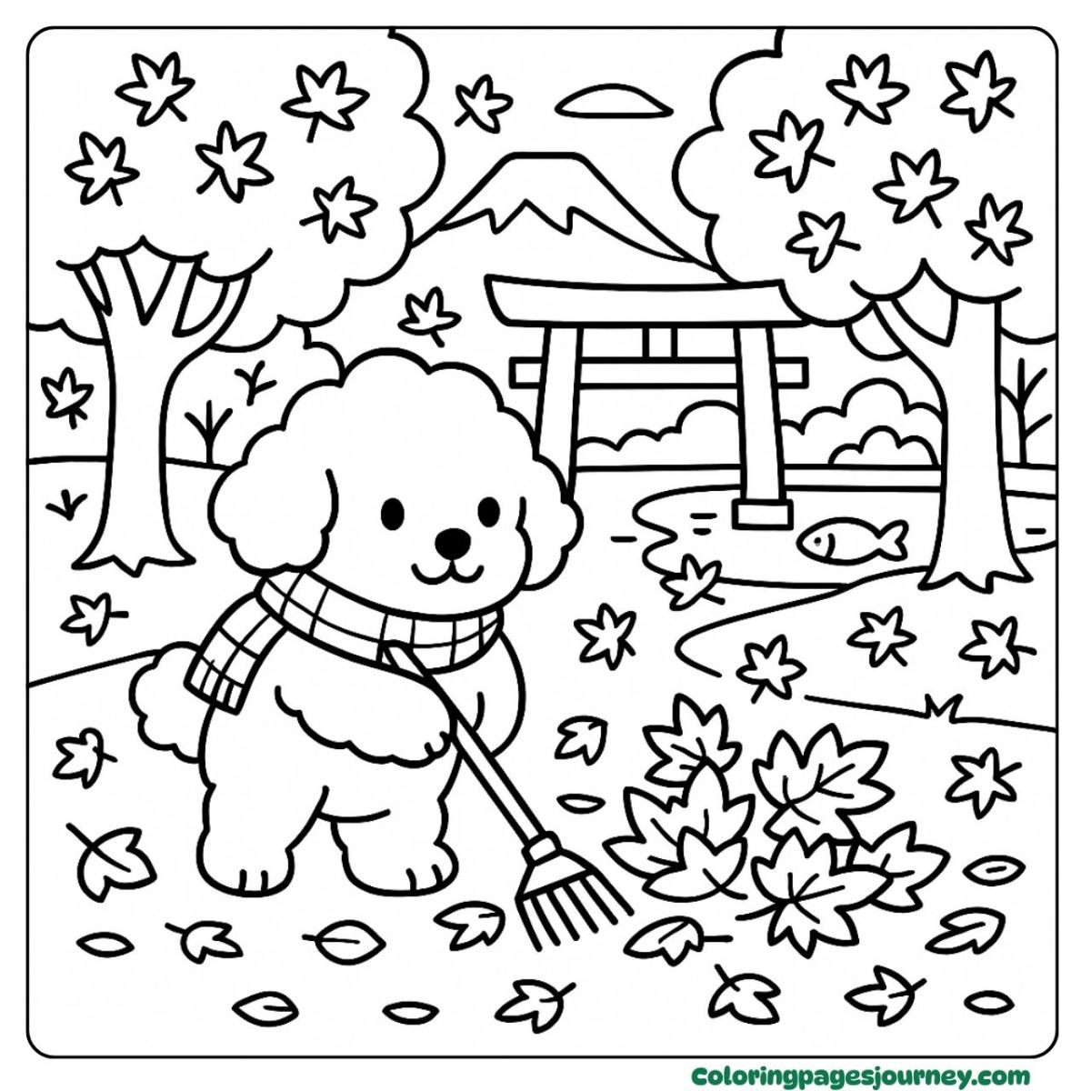 A Poodle coloring page raking leaves in a garden A Poodle coloring page enjoying fall near a shrine