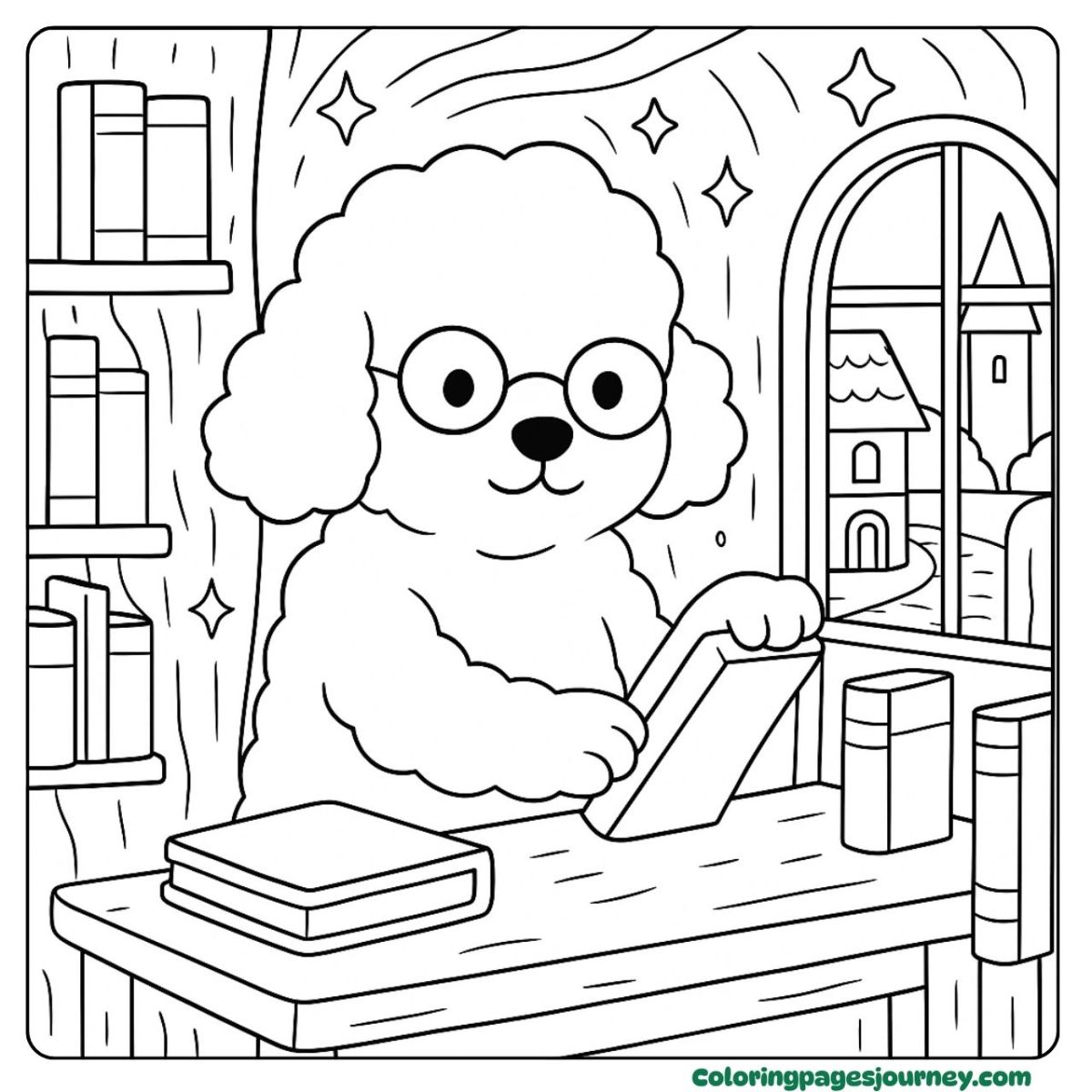 A Poodle coloring page reading in a fairy tale library A Poodle coloring page in a magical reading nook