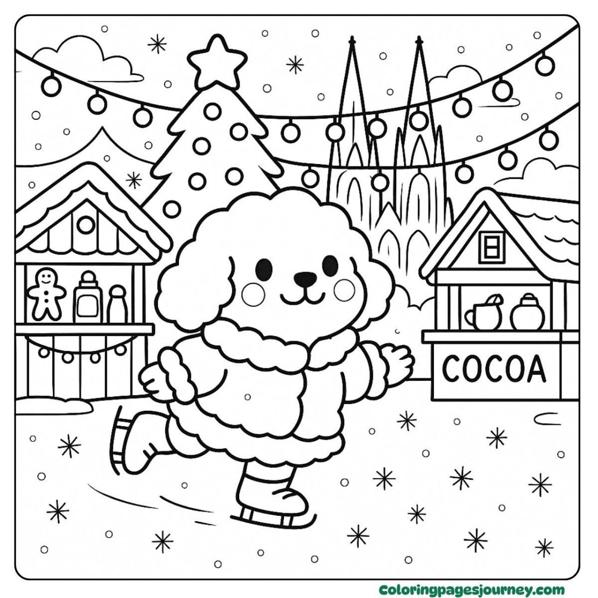 A Poodle coloring page skating through a holiday market A Poodle coloring page with cocoa at a Christmas fair
