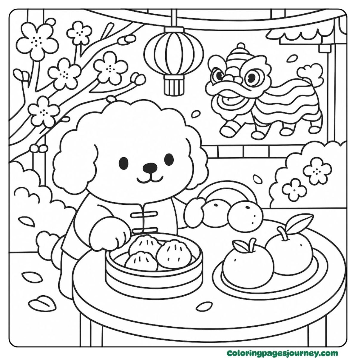 A Poodle coloring page tasting dim sum during celebration A Poodle coloring page enjoying a festive food moment