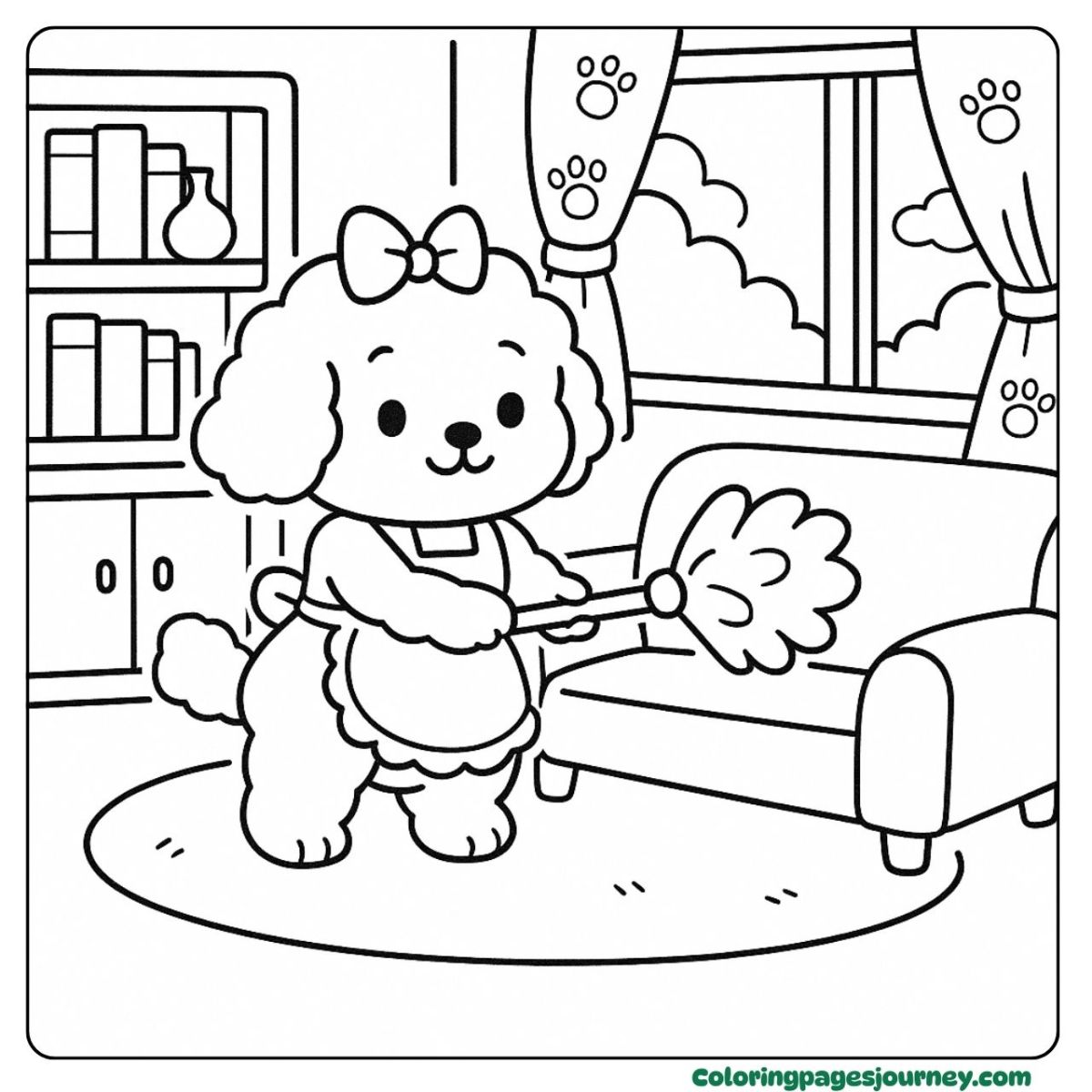 A Poodle coloring page tidying up the cozy living room A Poodle coloring page doing house cleaning
