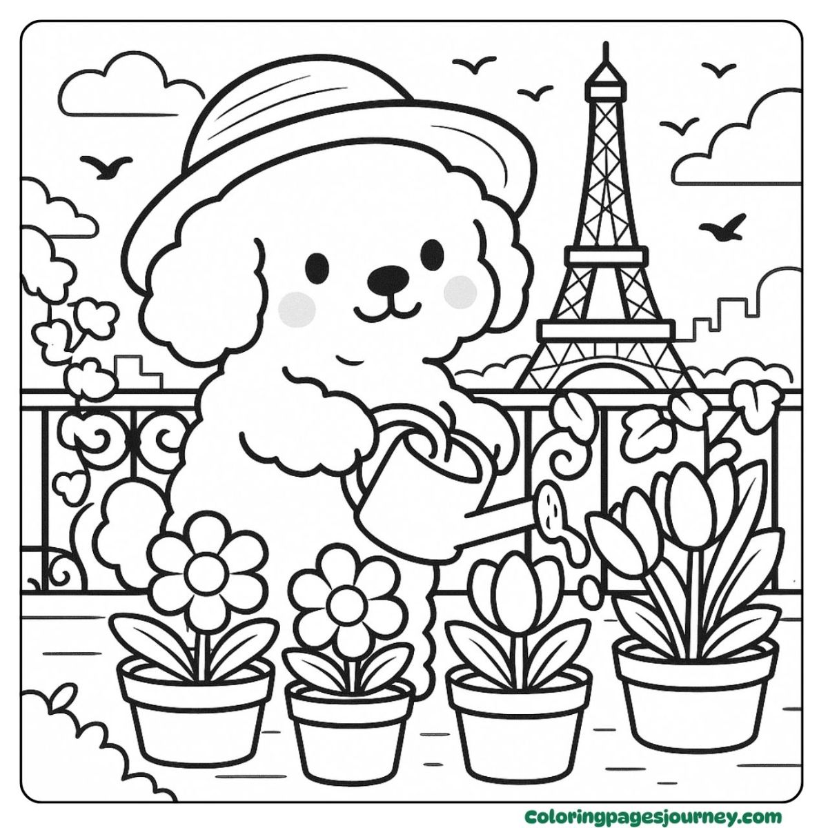 A Poodle coloring page watering flowers in Paris A Poodle coloring page with Eiffel Tower garden view