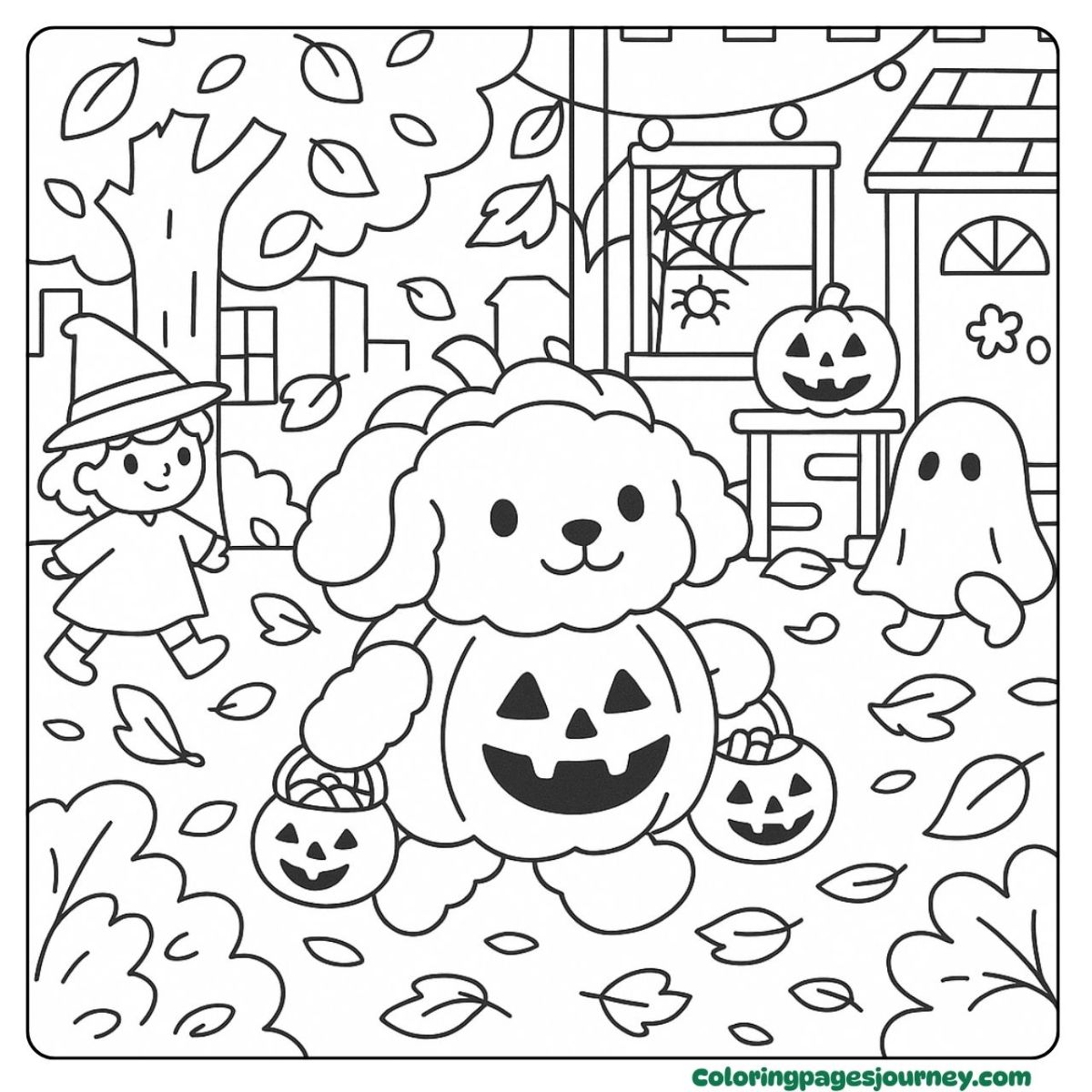 A Poodle coloring page with Halloween night fun A Poodle coloring page in Halloween pumpkin costume