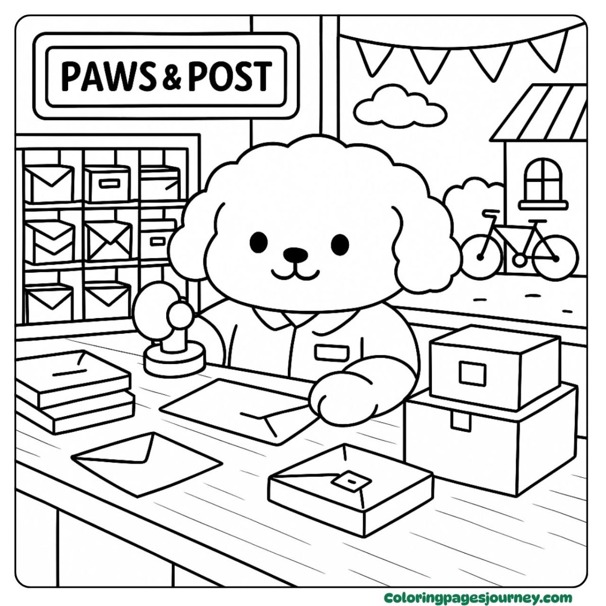 A Poodle coloring page working cheerfully at the post office A Poodle coloring page stamping mail with a happy smile