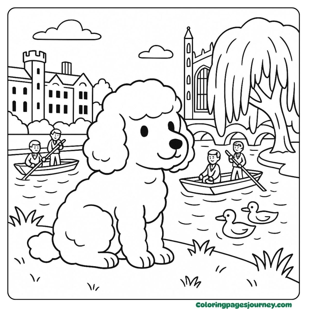 A realistic Poodle coloring page by the riverside town A realistic Poodle coloring page with boats and castle