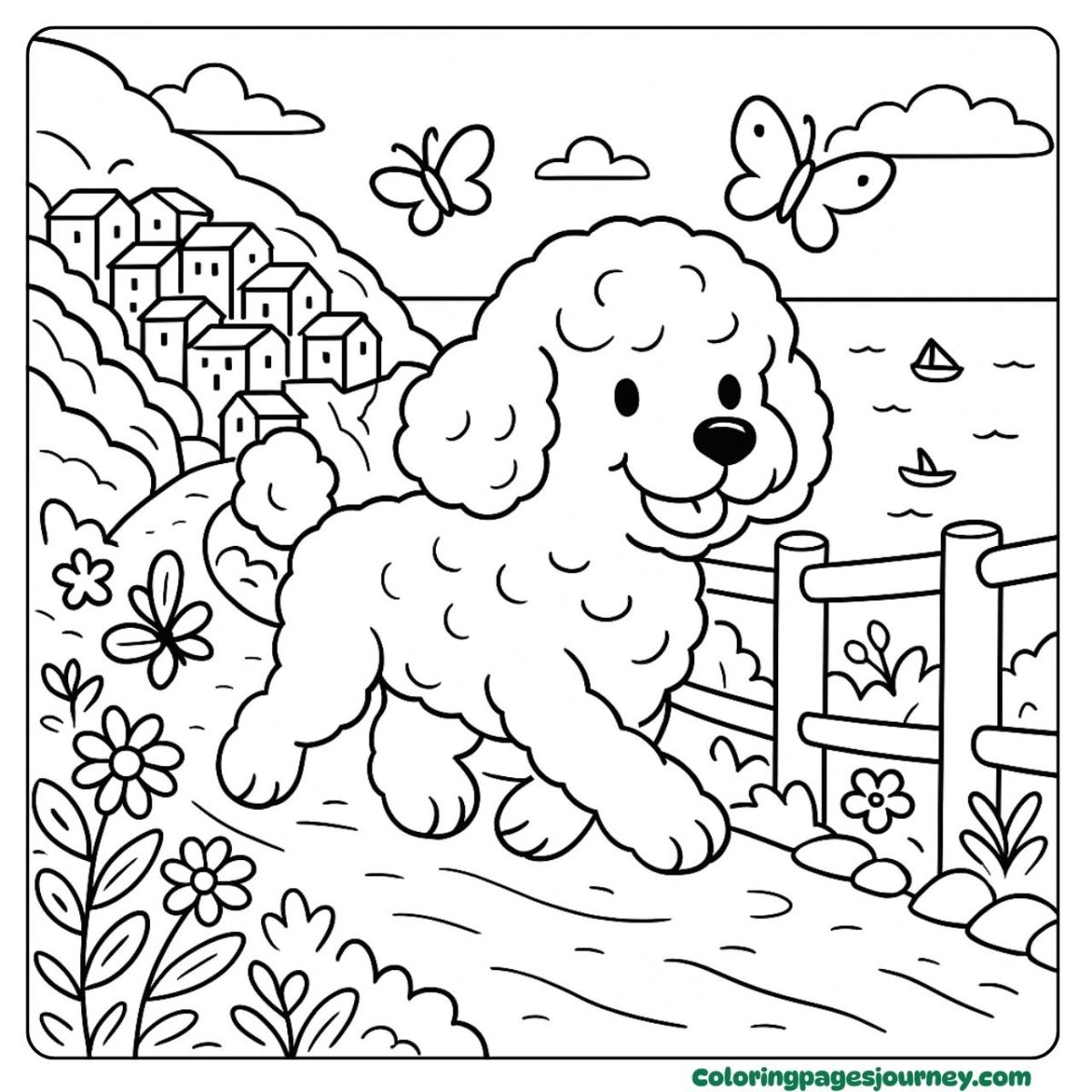 A realistic Poodle coloring page strolling by the seaside A realistic Poodle coloring page on a country path