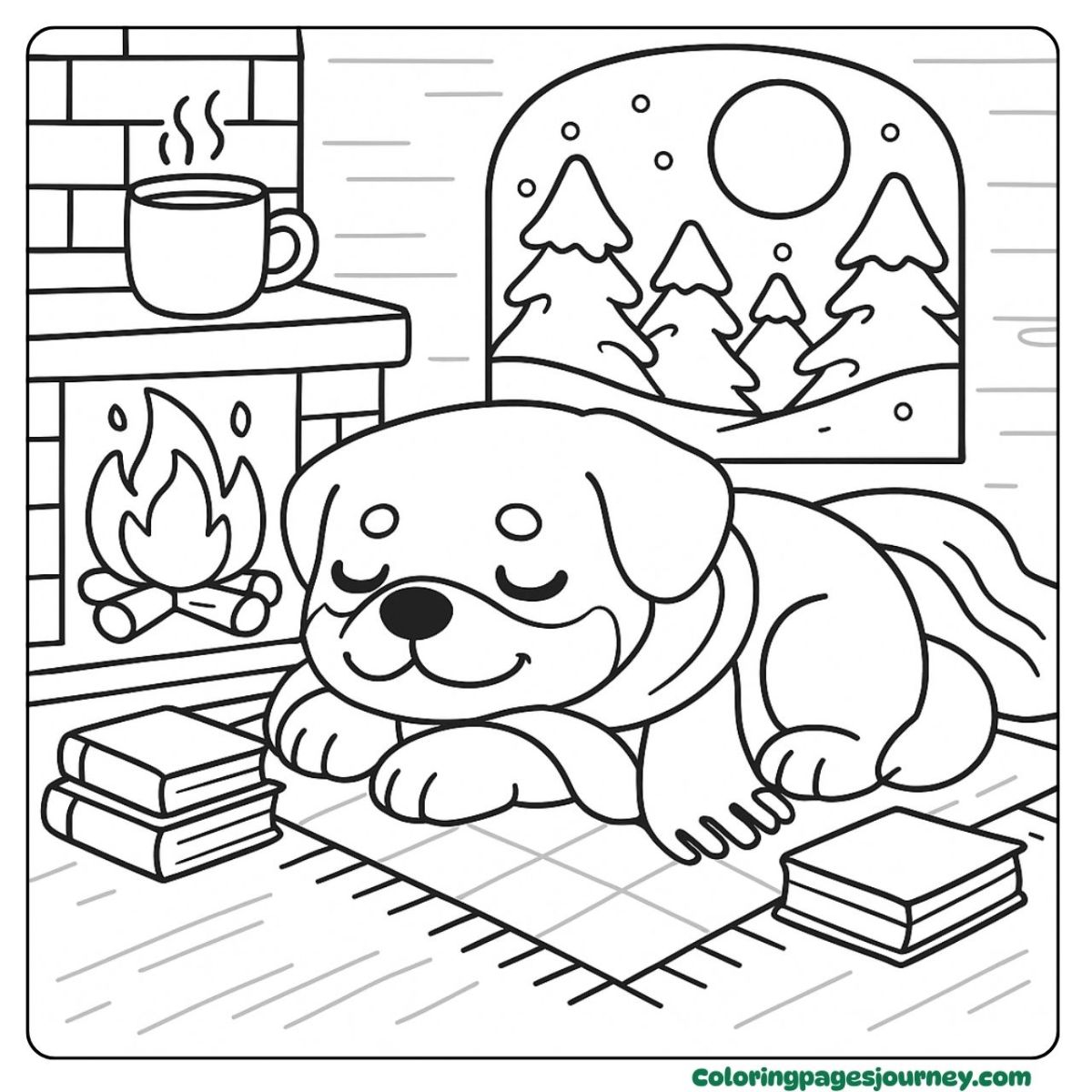 A Rottweiler coloring page by the fireplace on a snowy night A Rottweiler coloring page shows a dog resting by the fire