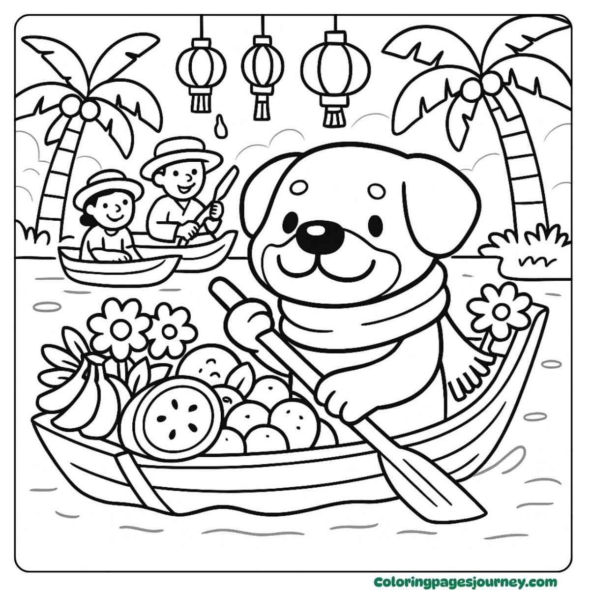A Rottweiler coloring page floating on a river market boat A Rottweiler coloring page shows a dog on a fruit boat