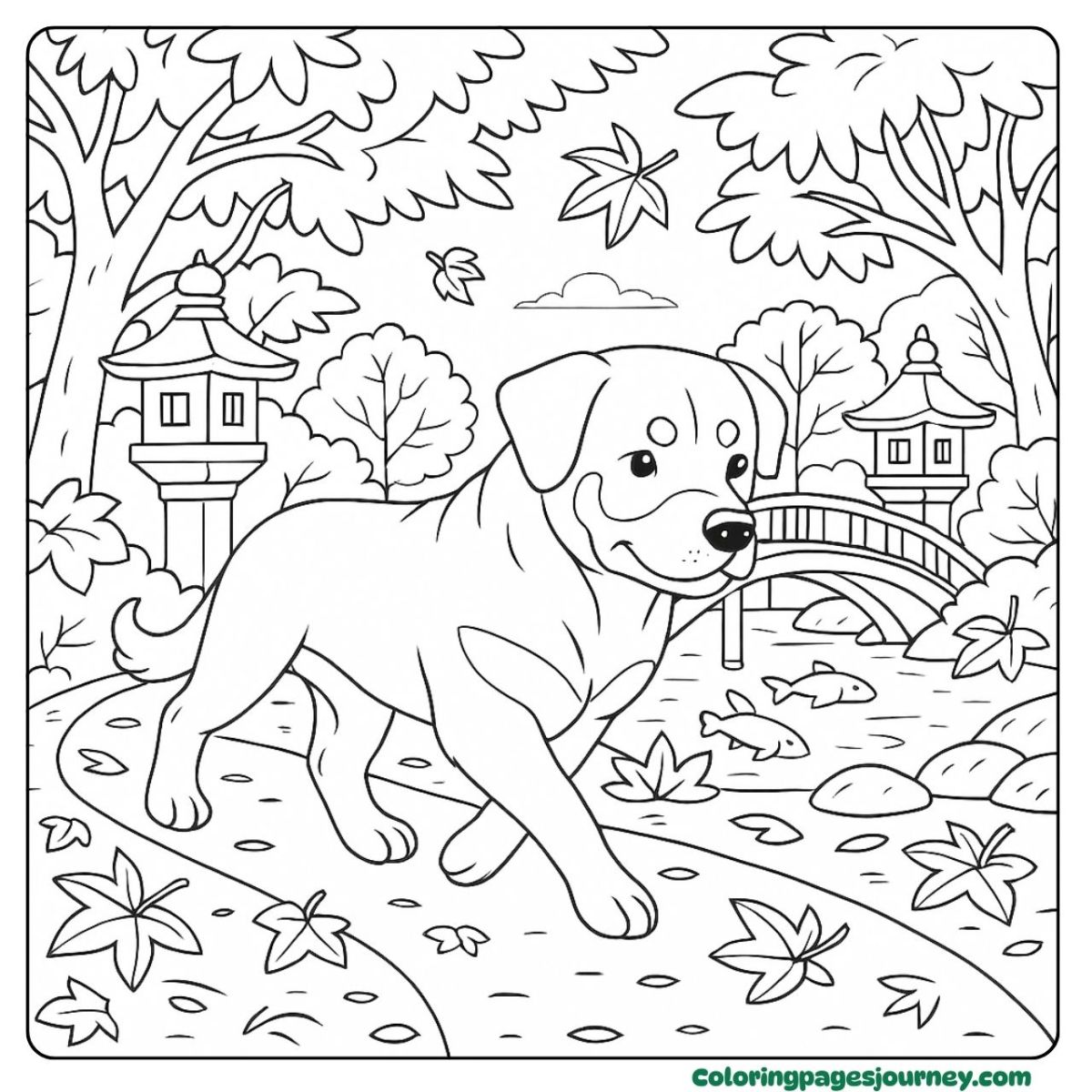 A Rottweiler coloring page for adults in a peaceful garden A Rottweiler coloring page for adults featuring a garden walk