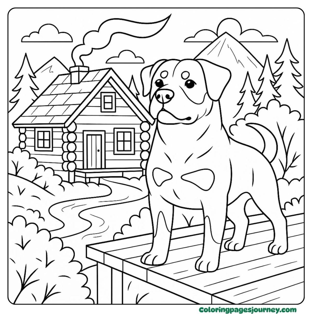 A Rottweiler coloring page for adults with a dog at a cabin A Rottweiler coloring page for adults of a dog near a log cabin