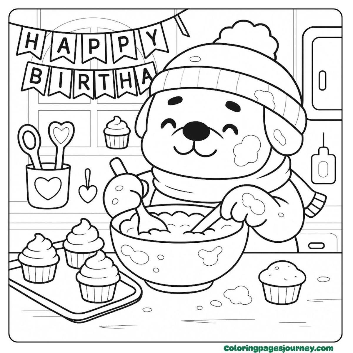 A Rottweiler coloring page of a dog baking birthday cupcakes A Rottweiler coloring page with a dog baking in the kitchen