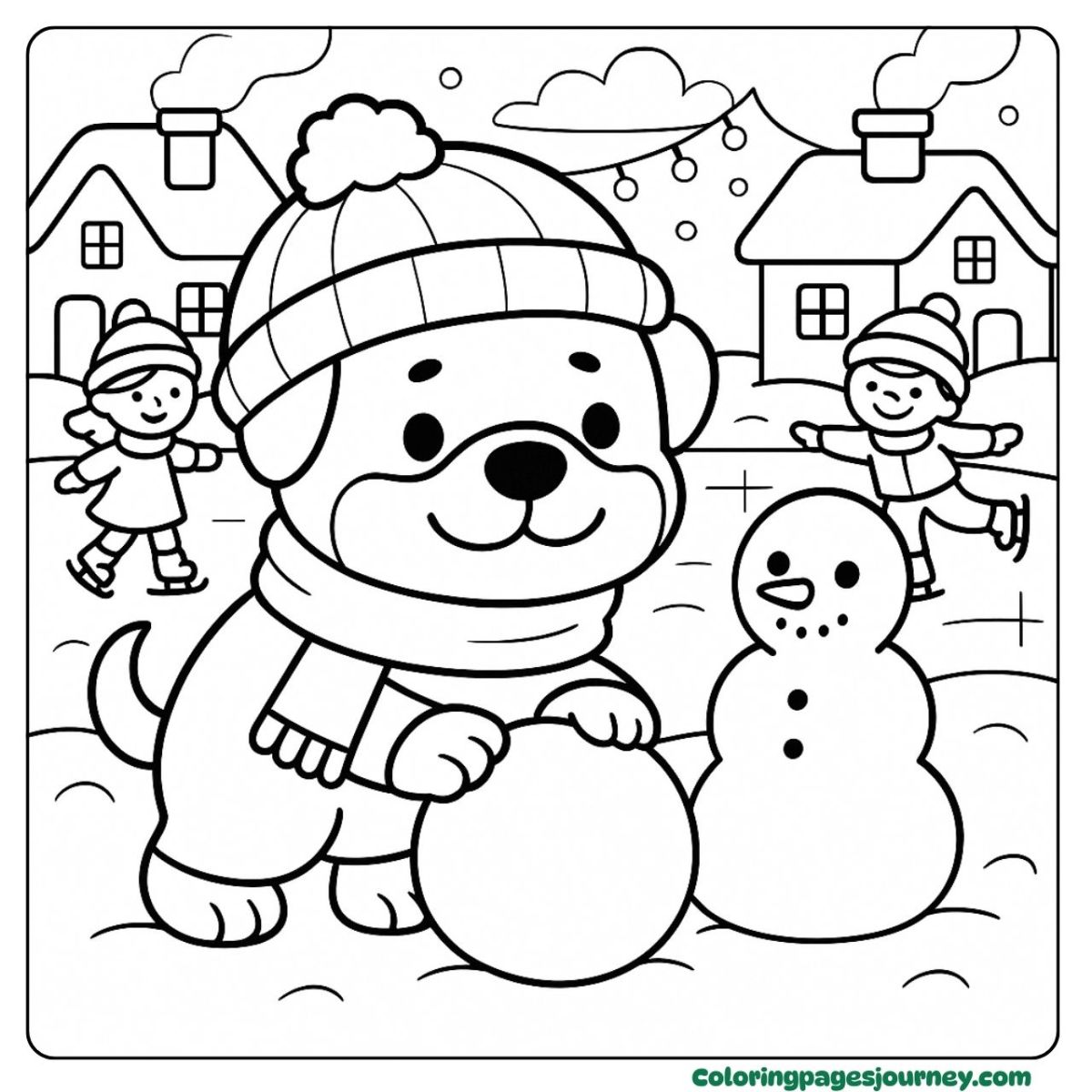 A Rottweiler coloring page of a dog building a snowman A Rottweiler coloring page shows a winter snowman building scene