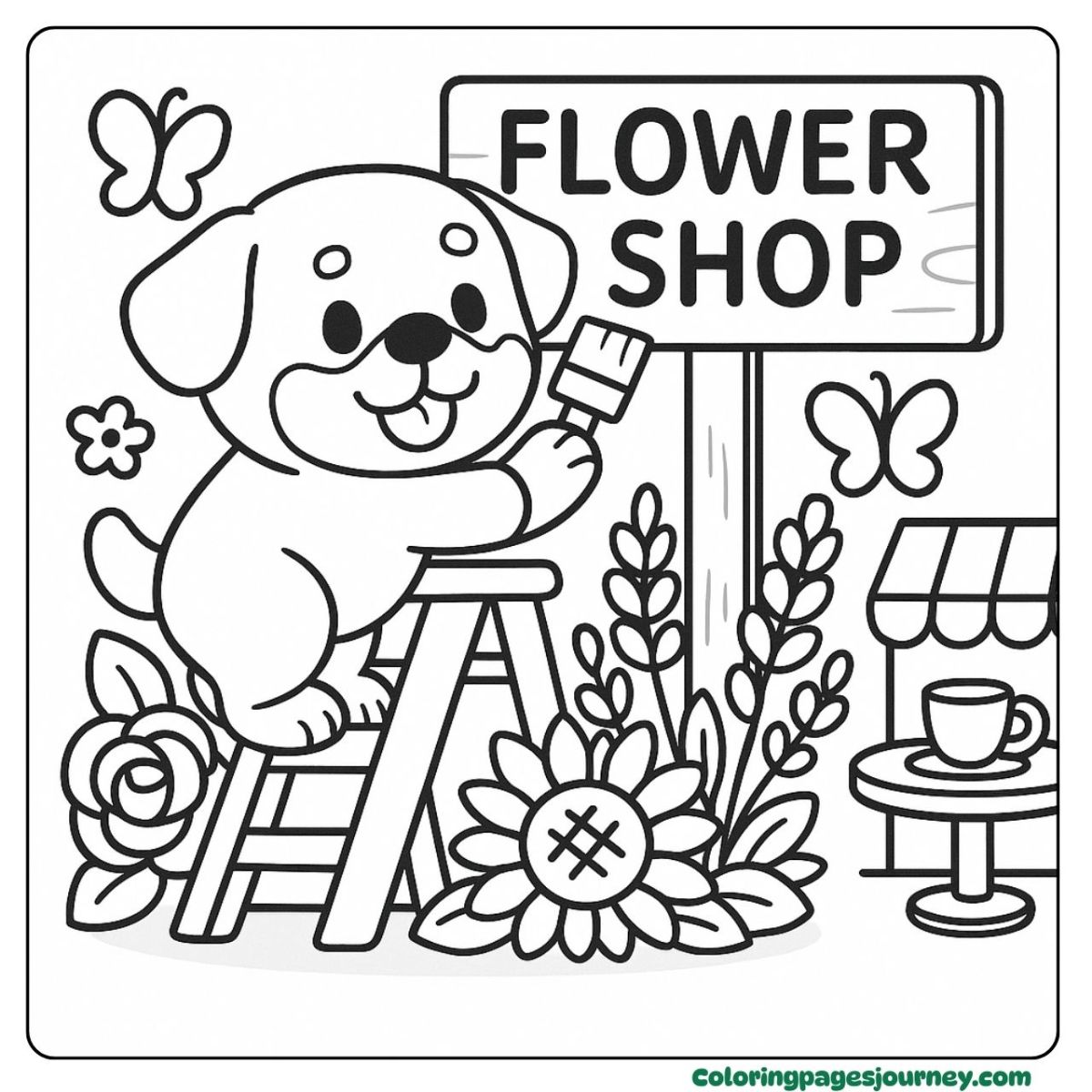 A Rottweiler coloring page of a dog painting a flower shop sign A Rottweiler coloring page with a dog painting in a flower garden