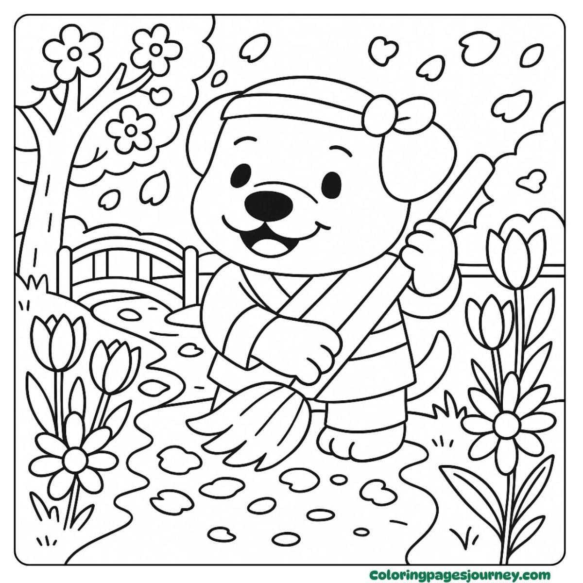 A Rottweiler coloring page of a dog painting in a spring garden A Rottweiler coloring page shows a dog painting outside
