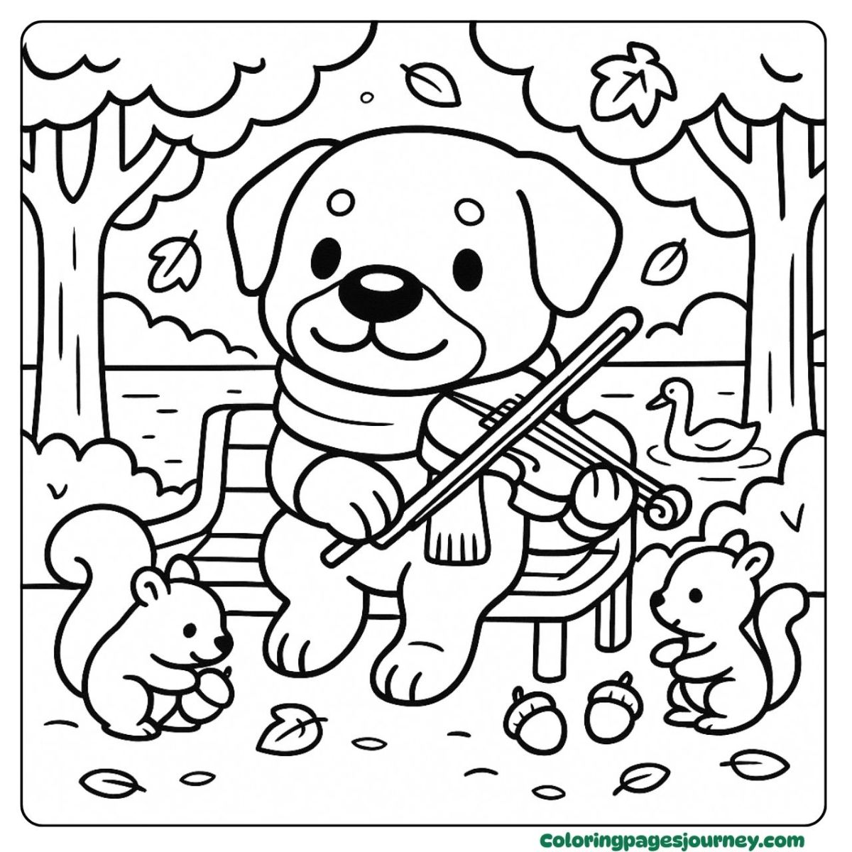 A Rottweiler coloring page of a dog playing violin in the park A Rottweiler coloring page with violin music in a park scene