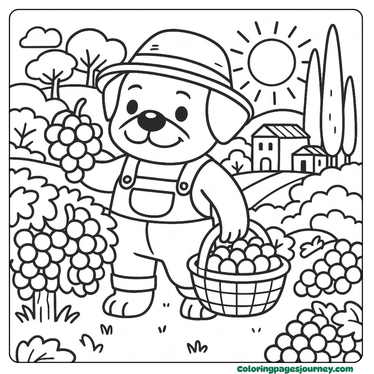 A Rottweiler coloring page of a farmer dog picking grapes in the sun A Rottweiler coloring page with a dog harvesting grapes outdoors