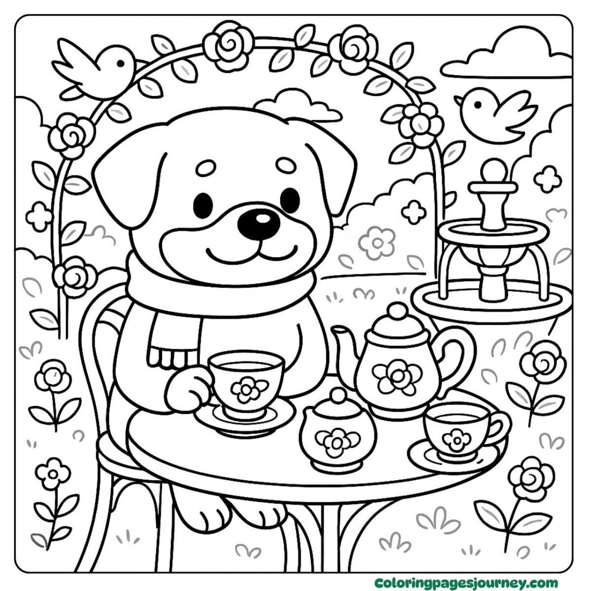A Rottweiler coloring page of a garden tea party with birds A Rottweiler coloring page with a dog enjoying tea in a garden
