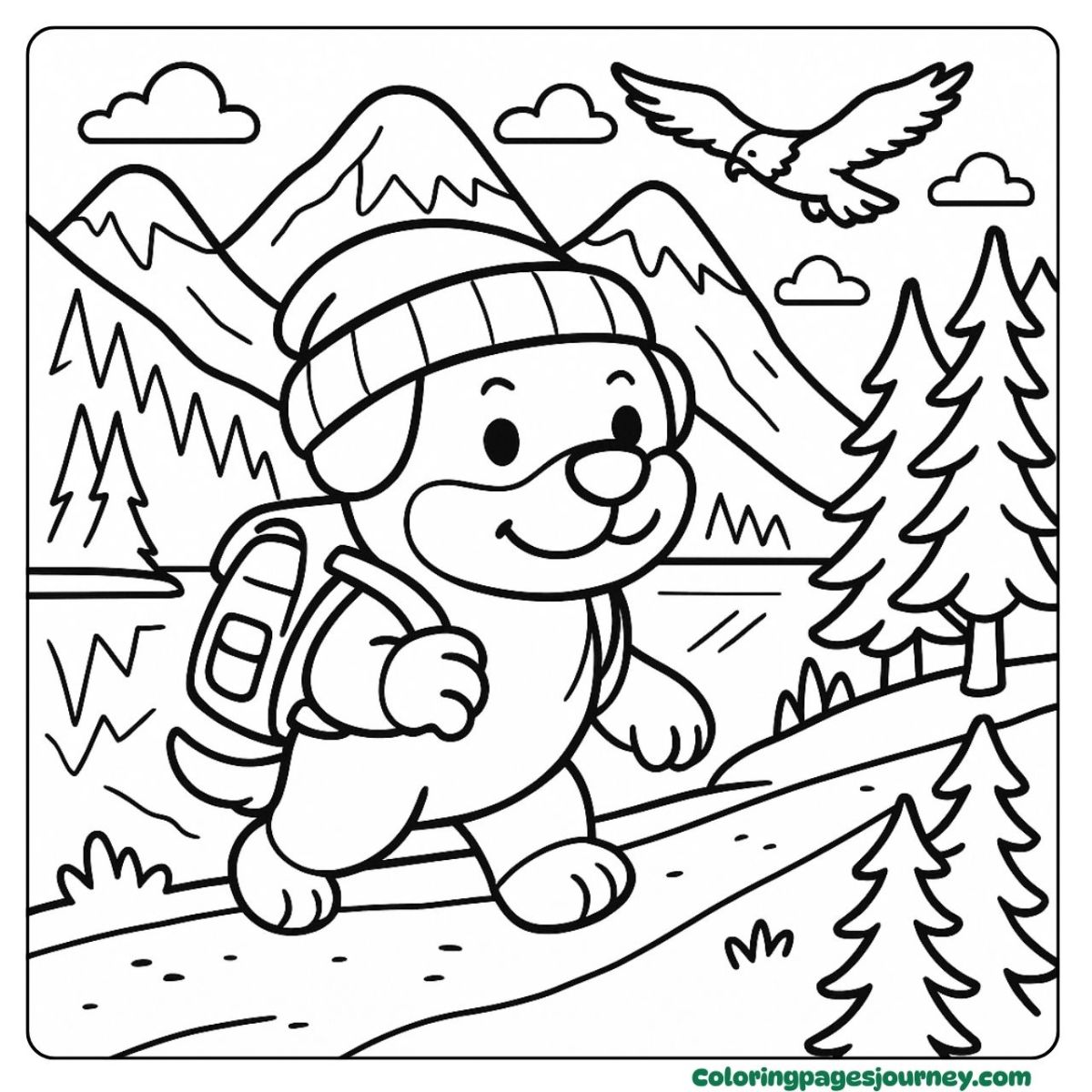 A Rottweiler coloring page of a happy dog hiking in the mountains A Rottweiler coloring page with a dog on a mountain hike