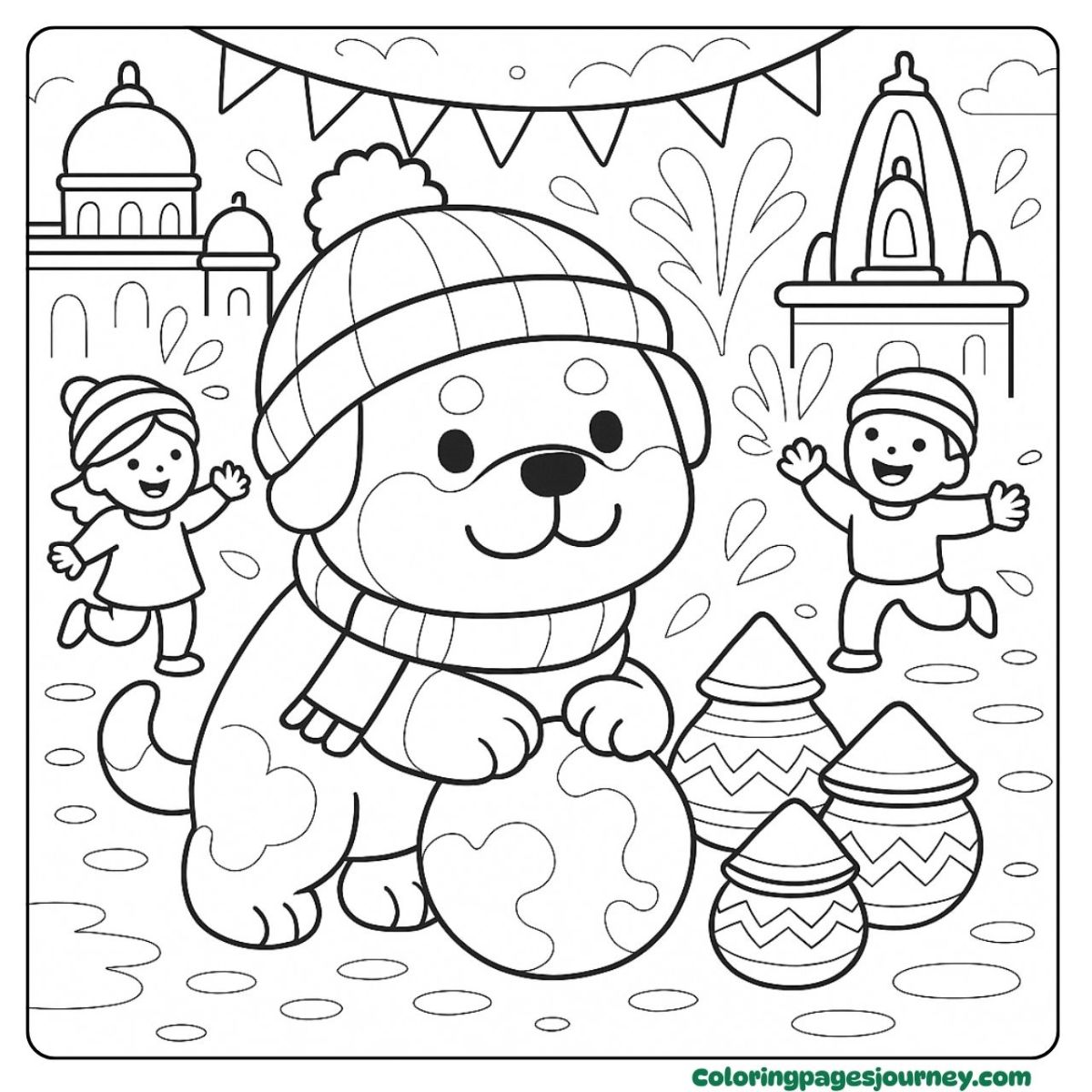 A Rottweiler coloring page playing with colorful eggs A Rottweiler coloring page shows a dog with eggs at a festival