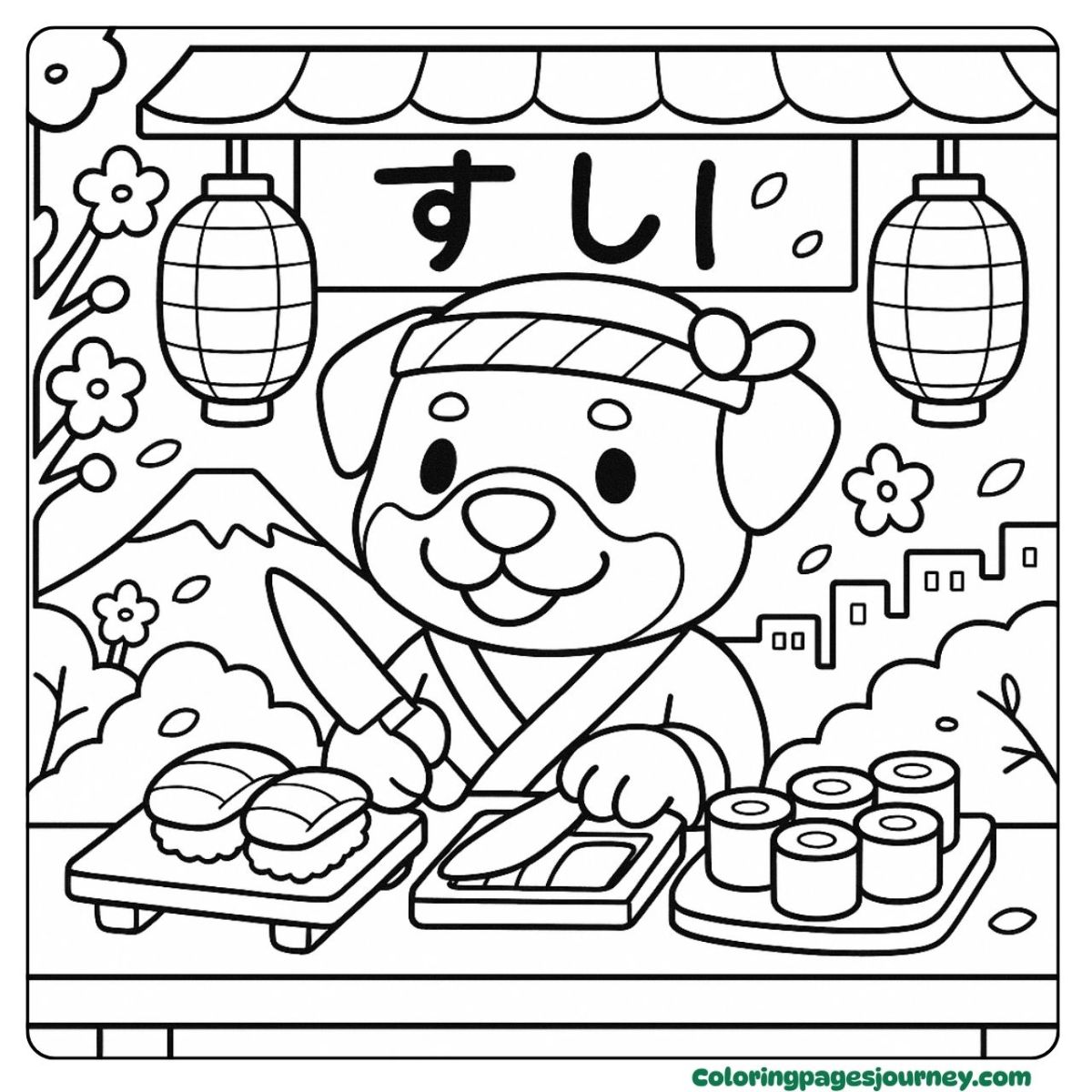 A Rottweiler coloring page set at a sushi stand with lanterns A Rottweiler coloring page features a sushi chef with happy vibes