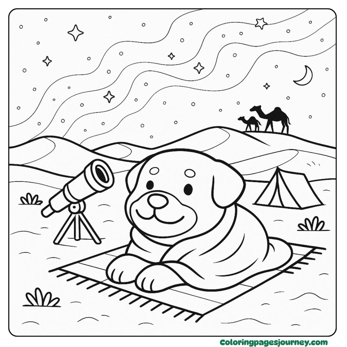 A Rottweiler coloring page with a cozy desert stargazing night A Rottweiler coloring page shows a dog stargazing in the desert