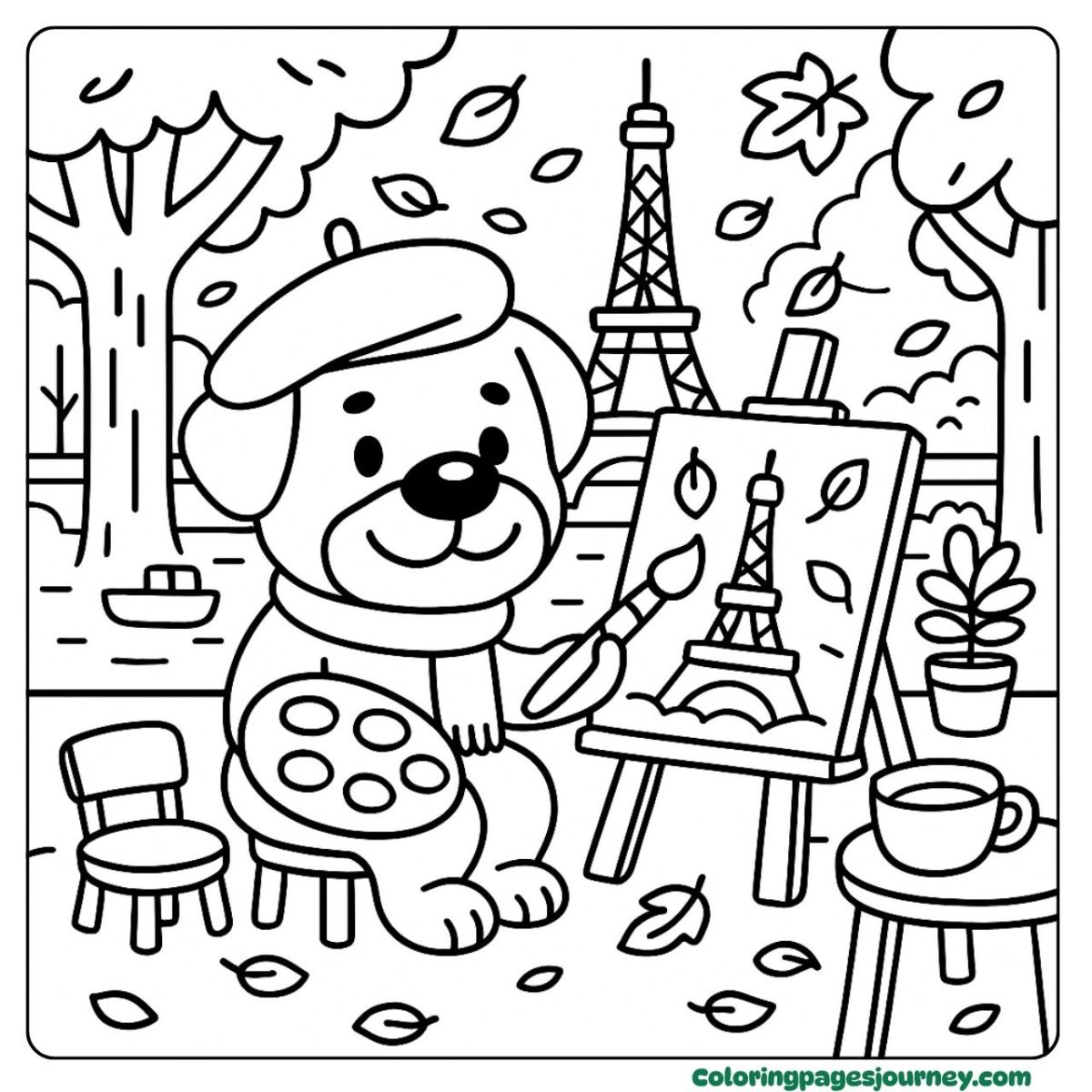 A Rottweiler coloring page with a dog painting the Eiffel Tower A Rottweiler coloring page painting the picture in autumn