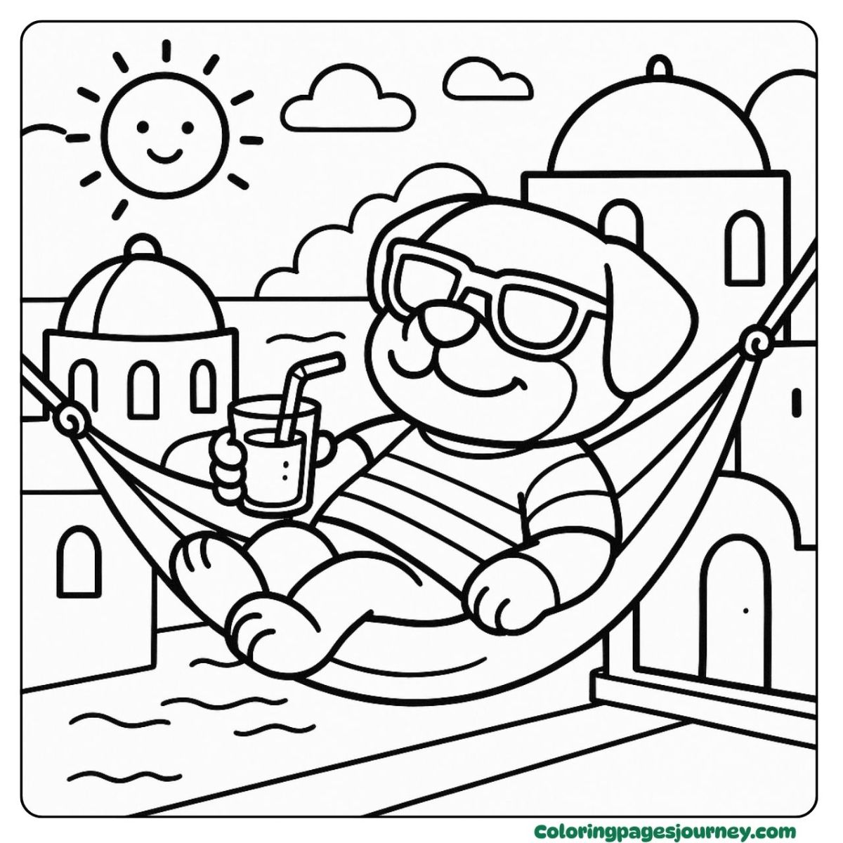 A Rottweiler coloring page with a dog relaxing in a sunny hammock A Rottweiler coloring page shows a dog enjoying a sunny day