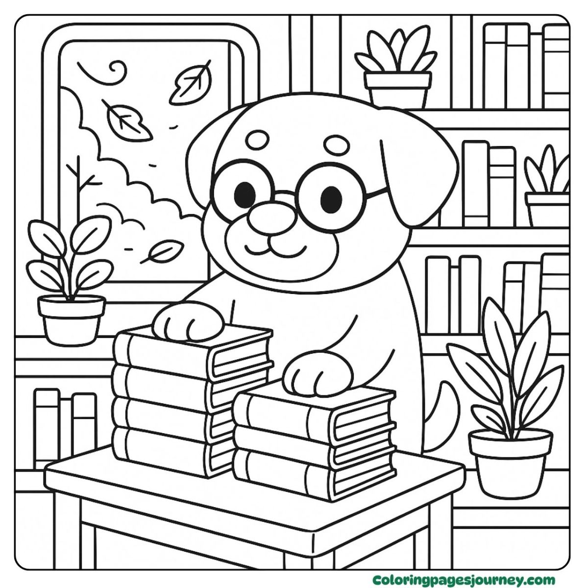 A Rottweiler coloring page with a dog stacking books in a library A Rottweiler coloring page shows a dog with books in a library