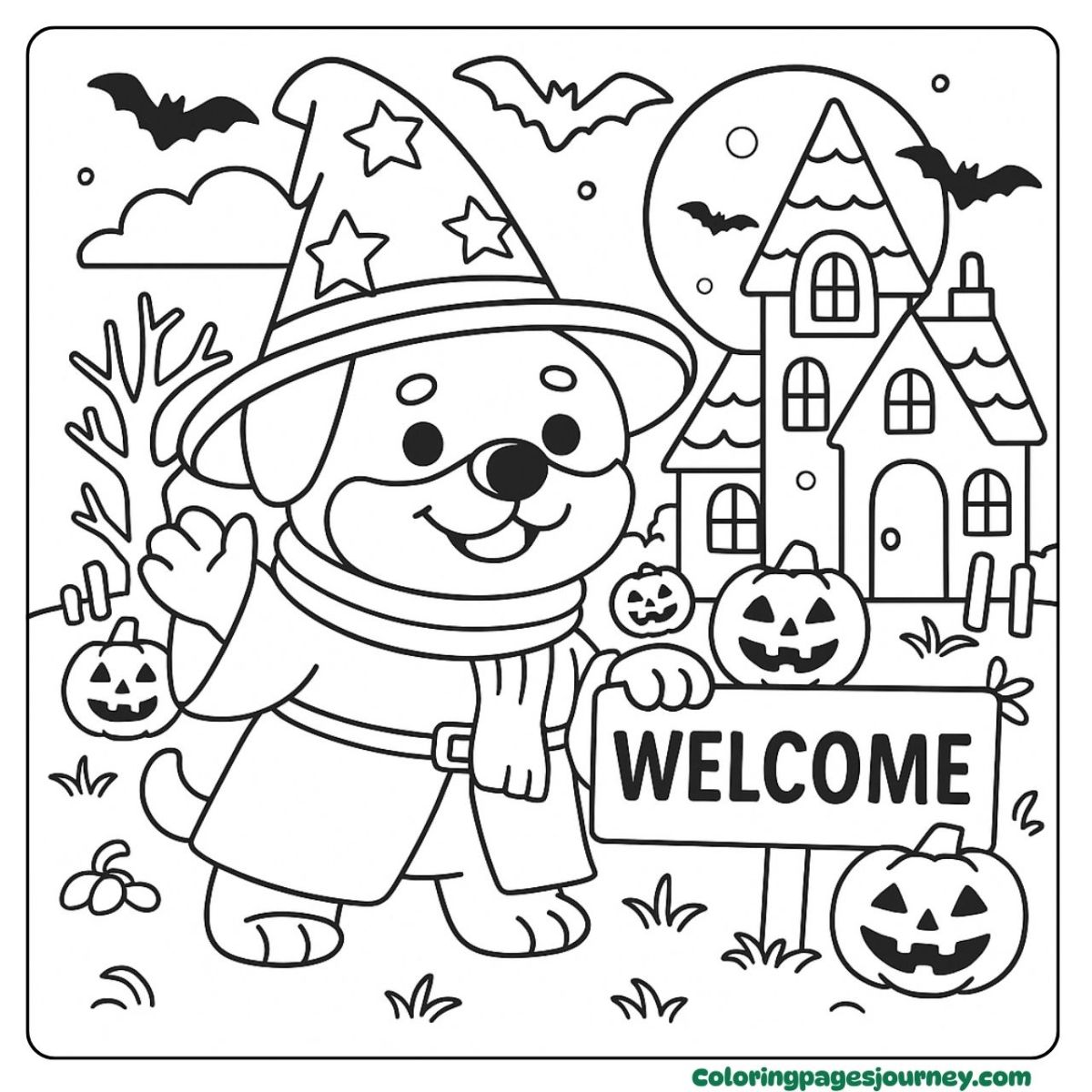 A Rottweiler coloring page with a Halloween witch and pumpkins A Rottweiler coloring page features a dog in a witch hat for Halloween