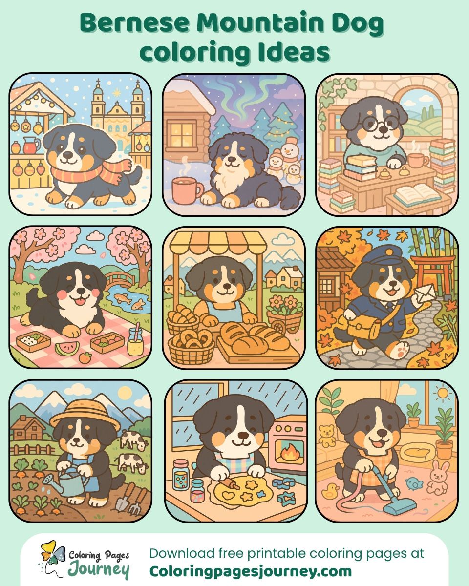 Cute Bernese Mountain Dog coloring inspiration set Adorable Bernese Mountain Dog coloring ideas for fun