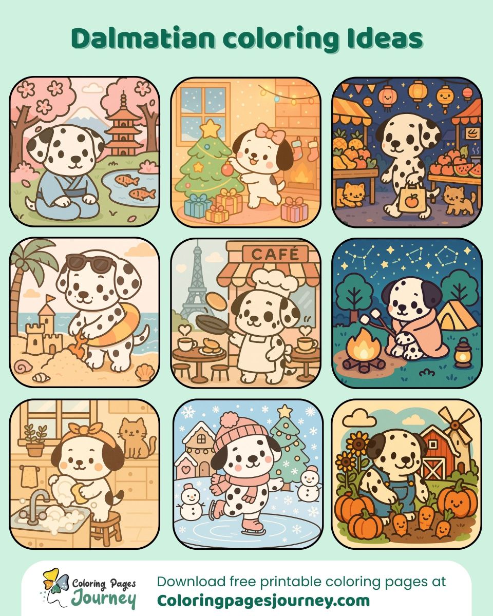 Cute Dalmatian coloring page ideas in everyday scenes Dalmatian coloring ideas featuring fun daily moments