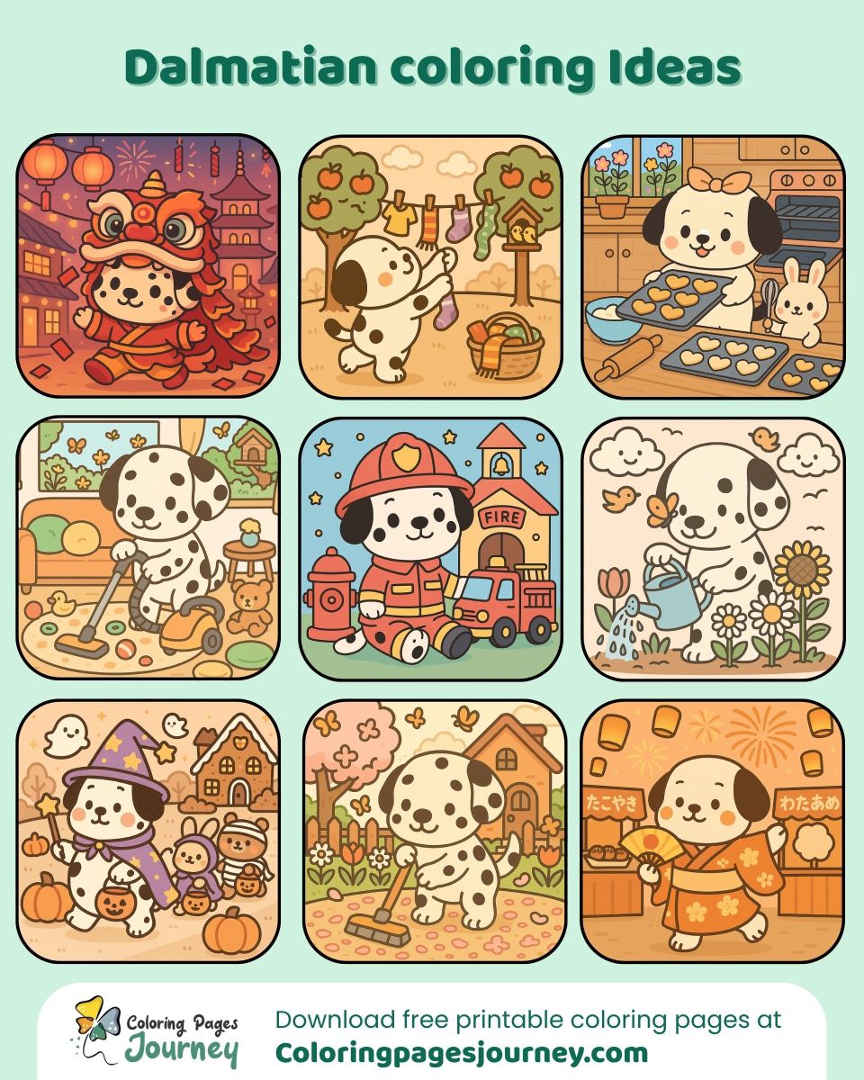 Fun Dalmatian coloring ideas across seasons and holidays Dalmatian coloring ideas with seasonal festive moments