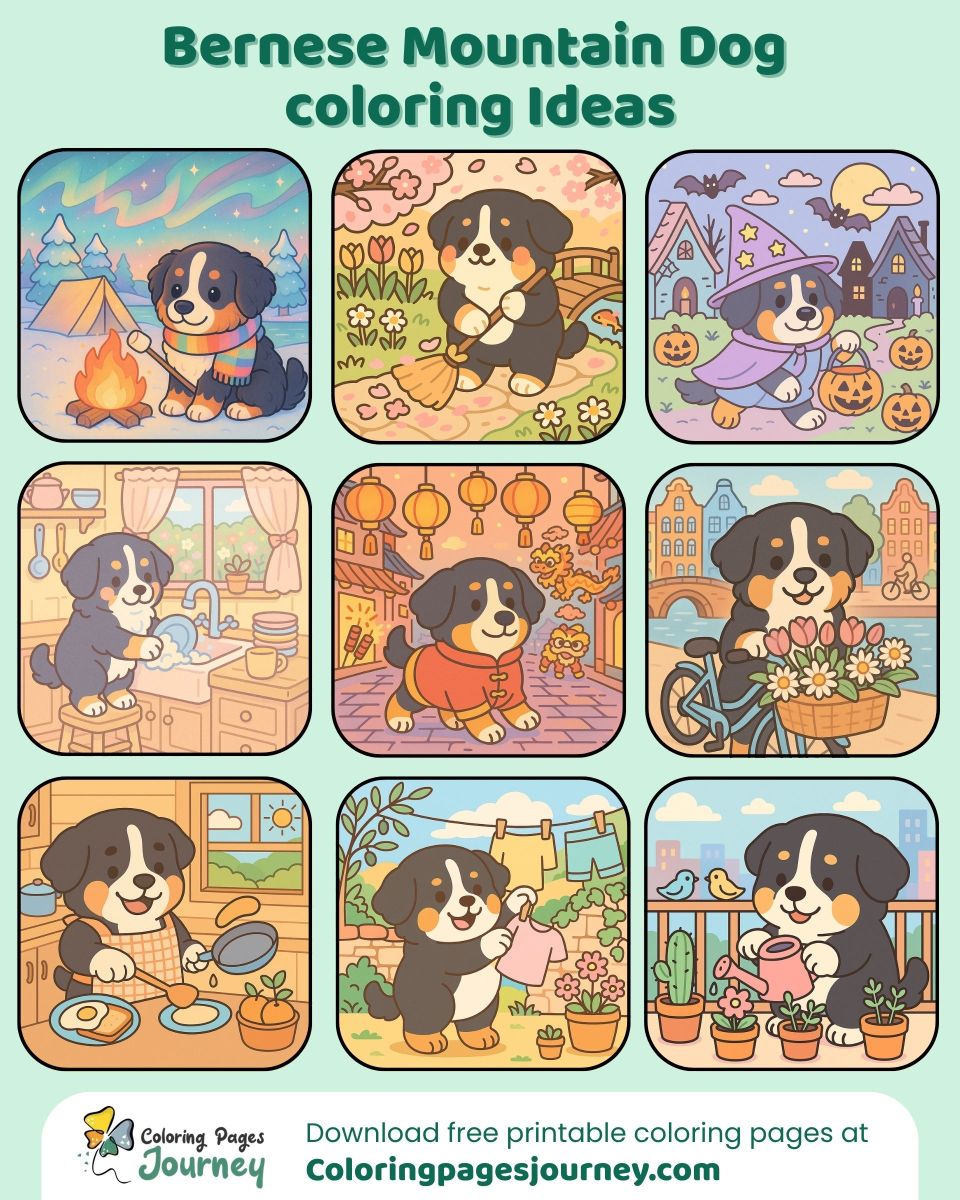 Playful Bernese Mountain Dog coloring page collection Playful Bernese Mountain Dog ideas in fun coloring scenes