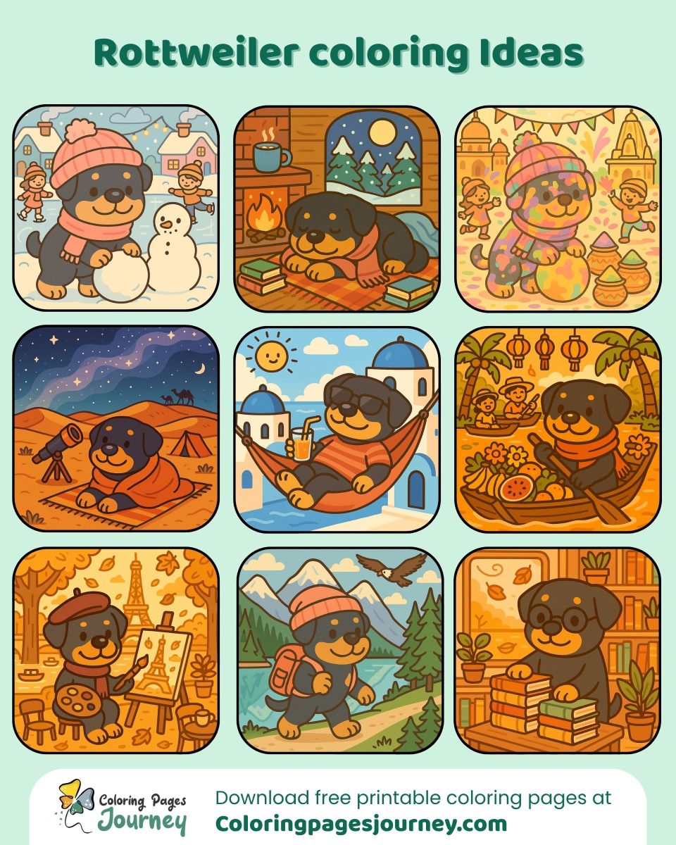 Rottweiler coloring ideas with cute Rottweiler’s activities Rottweiler coloring ideas filled with playful color moments