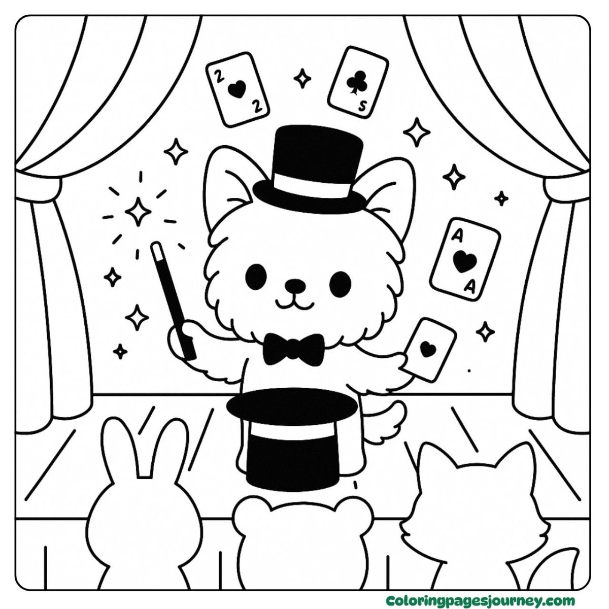 A Yorkie coloring page where the dog does card tricks