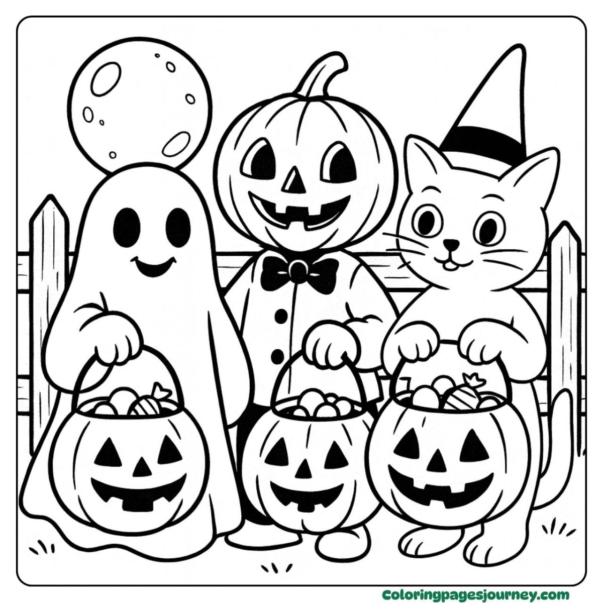 Old-time Halloween coloring picture of pals in costumes