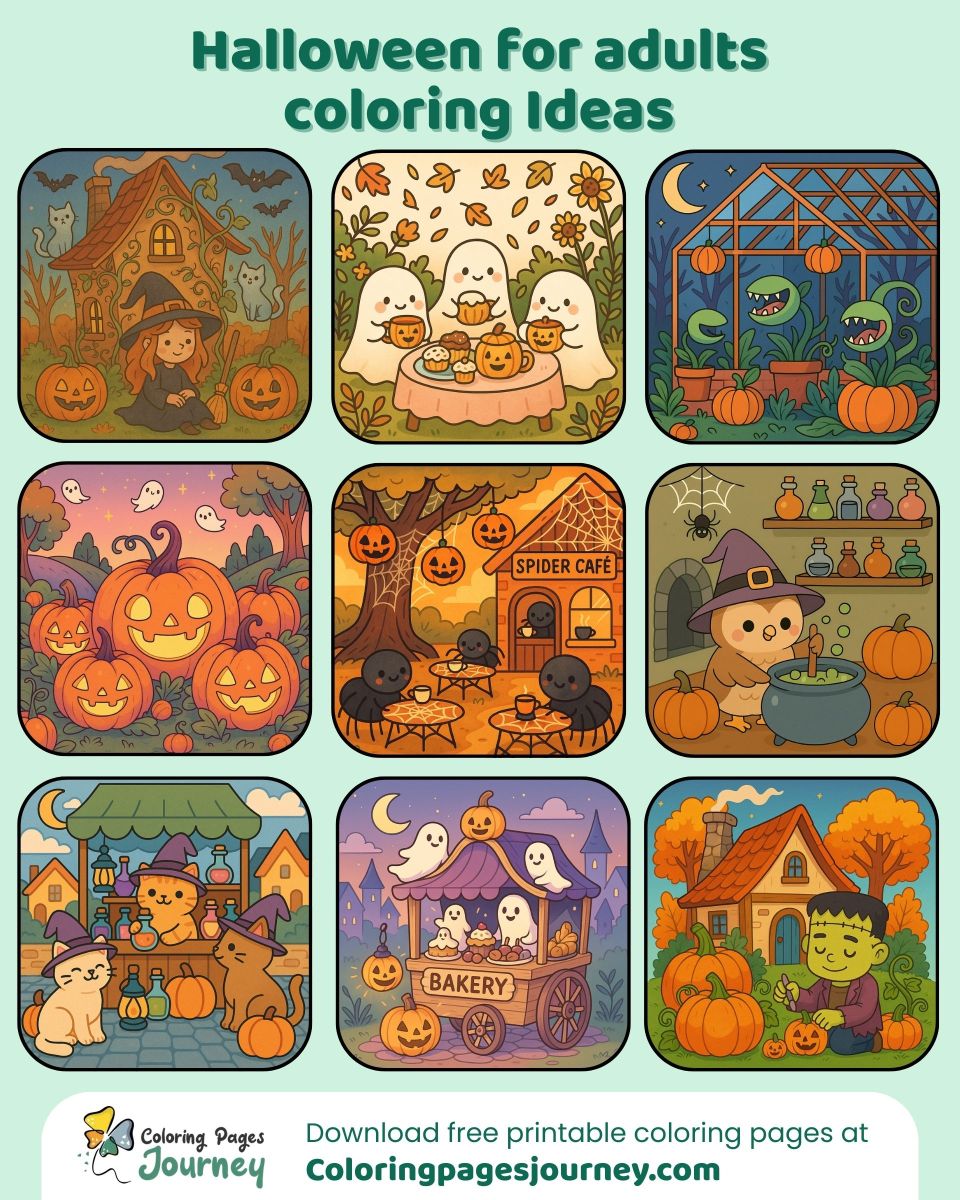 A coloring idea collage of witch cottage and ghost bakery