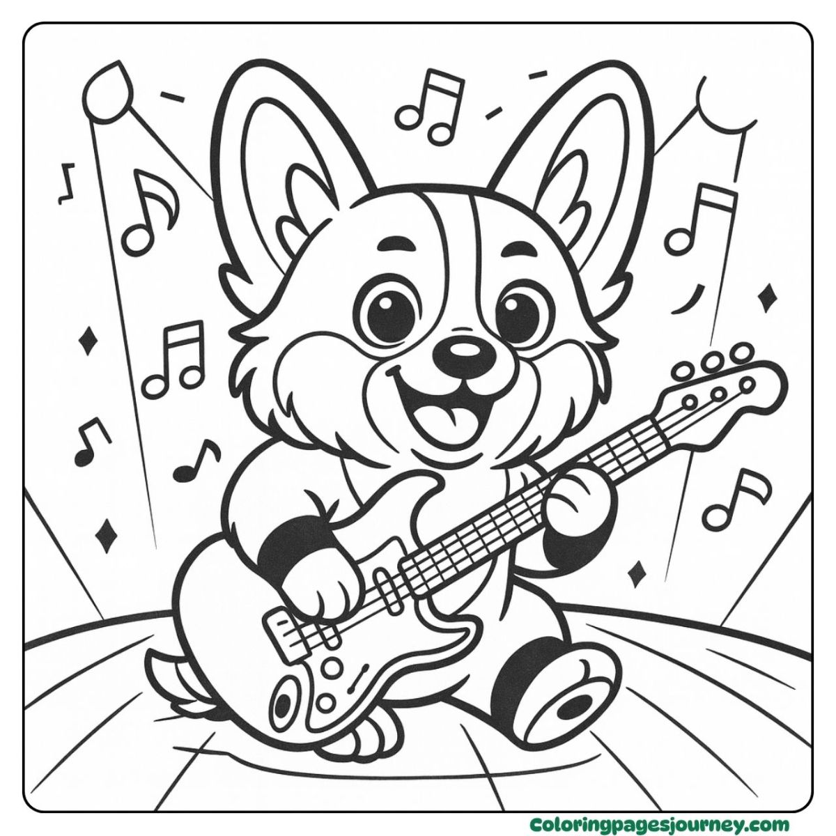 Corgi rock concert coloring picture with music notes