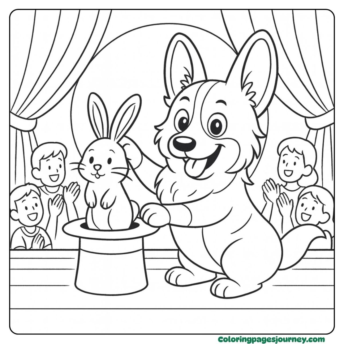 Showtime cartoon Corgi magic coloring image on bright stage
