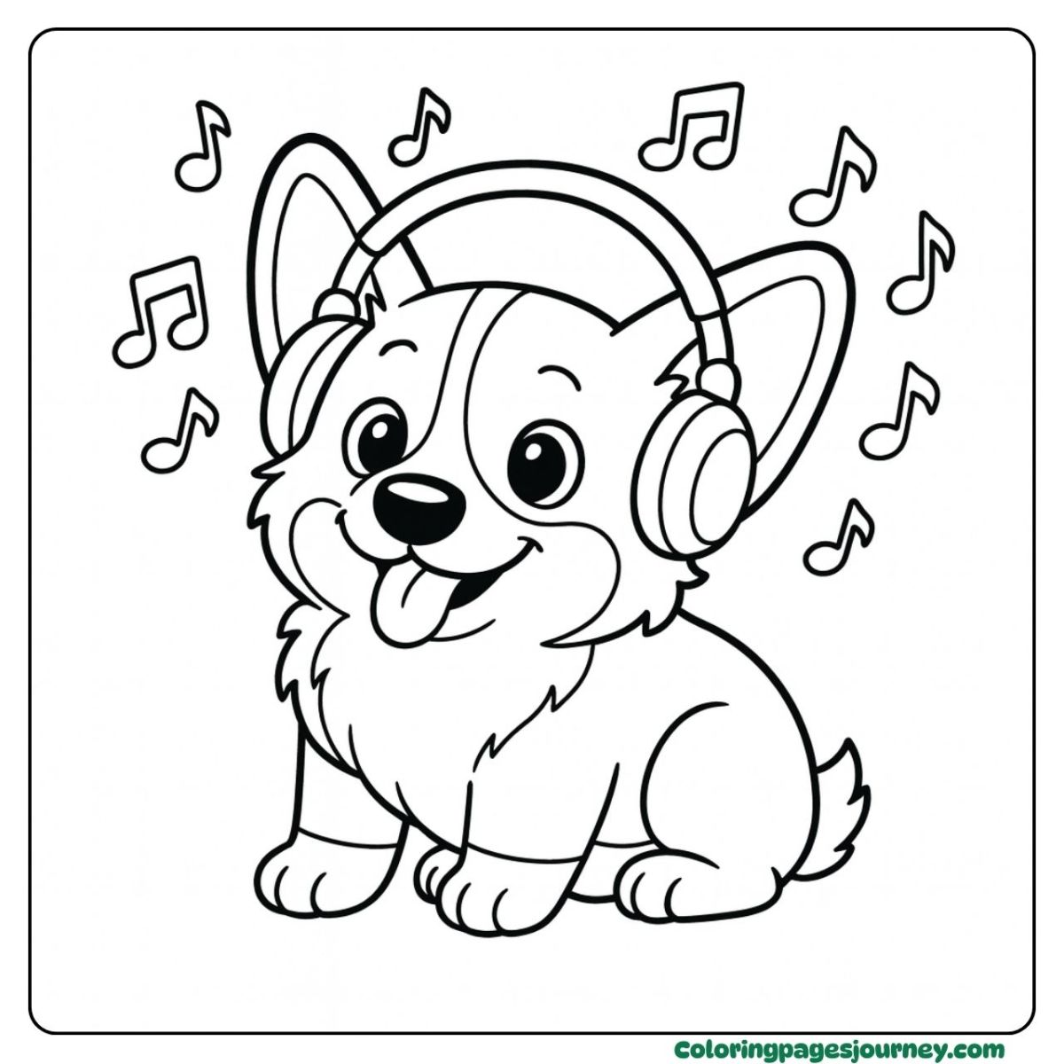 A Corgi Puppy coloring page showing a puppy wearing headphones