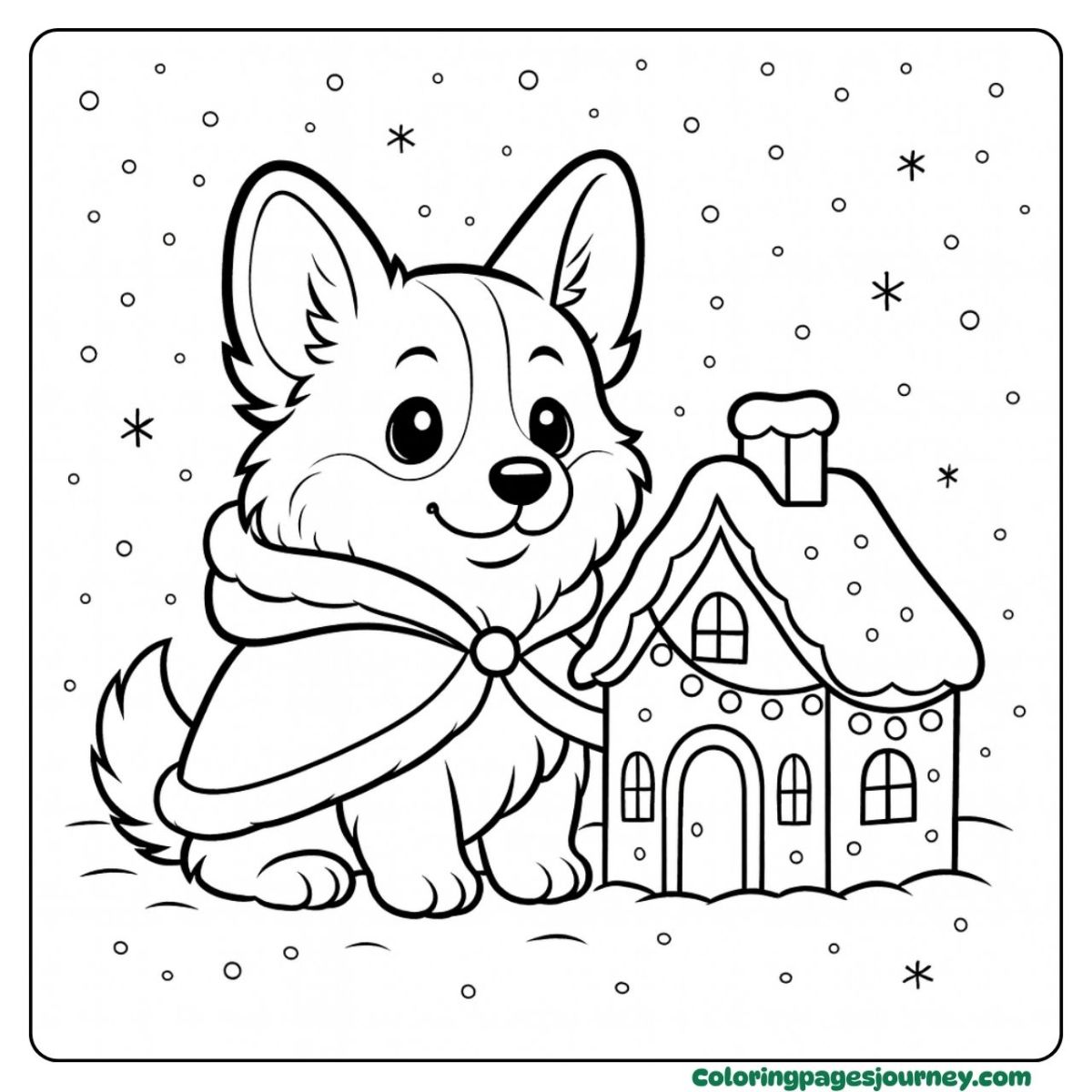 A Corgi Puppy coloring page showing a puppy by a snowy cottage
