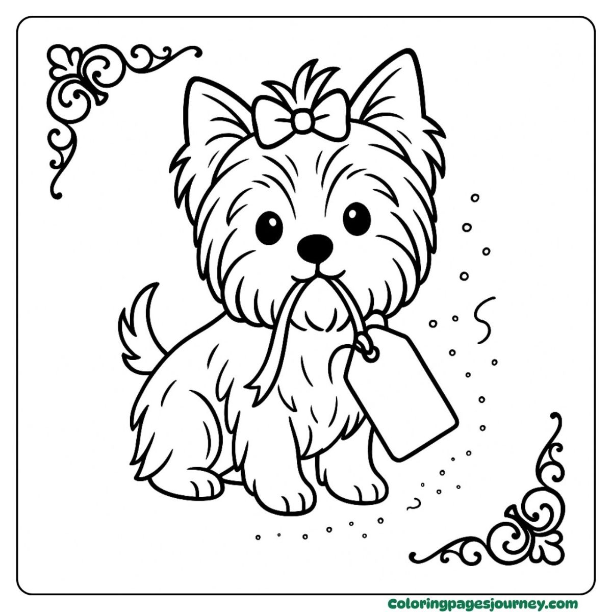 Yorkie with bow and gift tag birthday dog coloring image