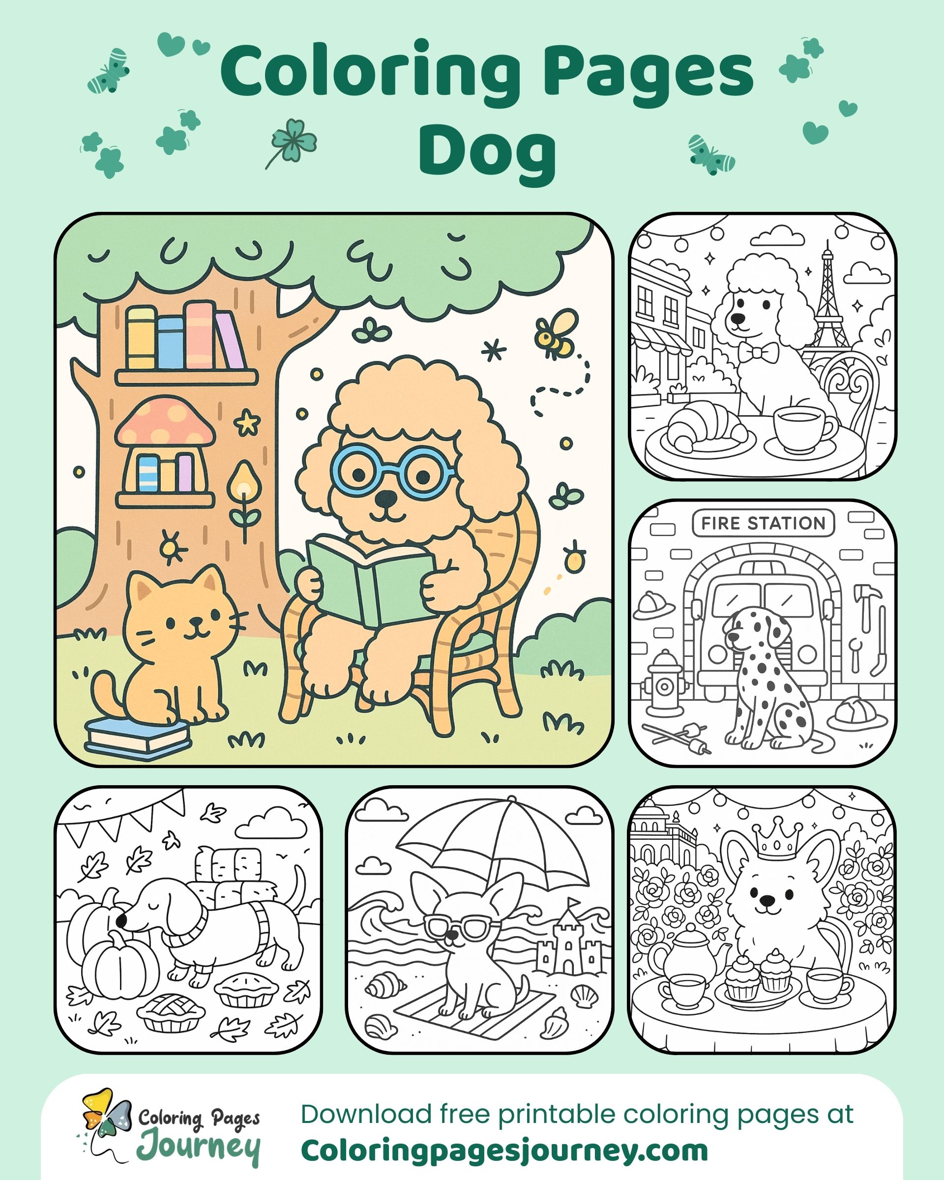 Dog coloring pages with playful and relaxing moments