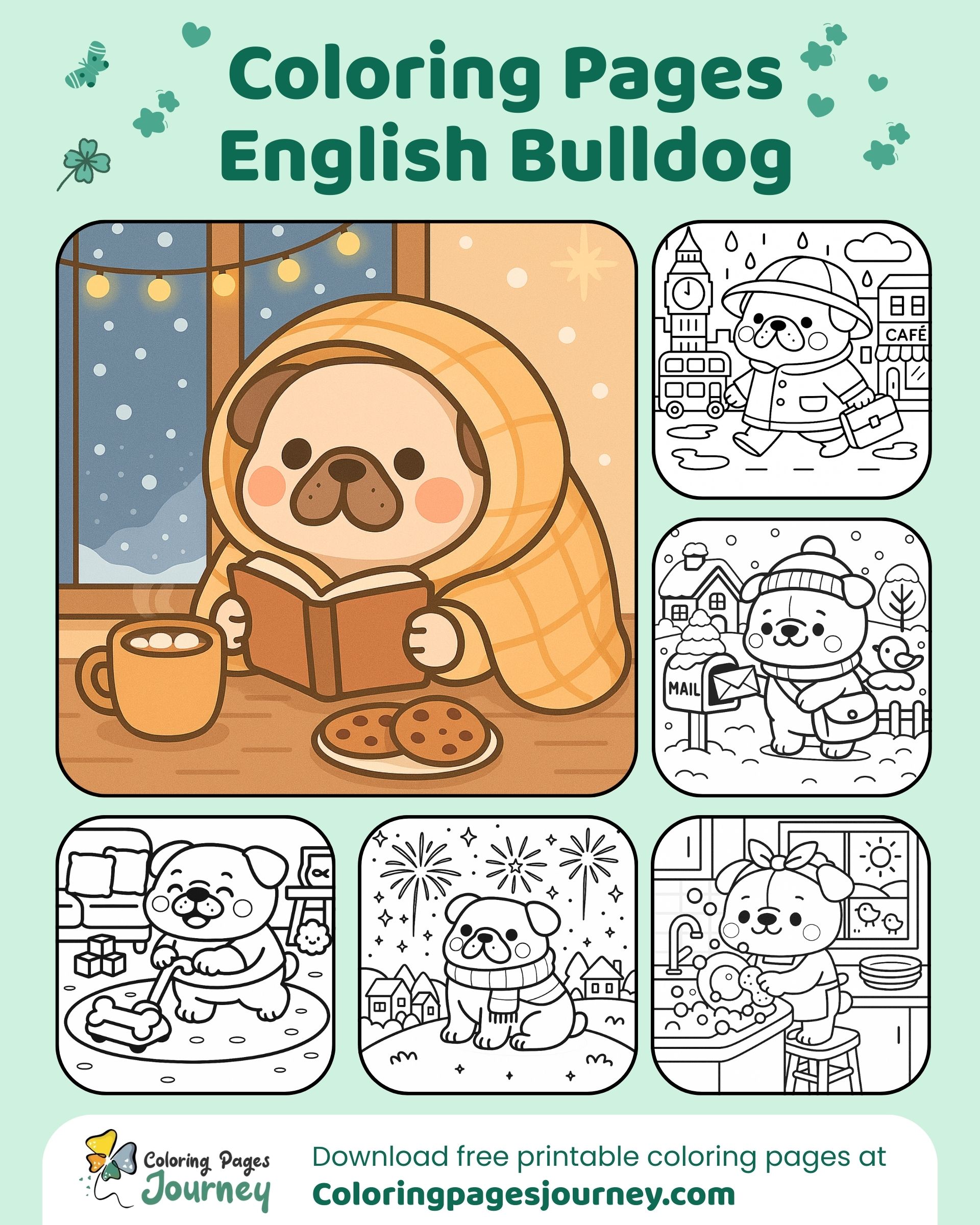 English Bulldog coloring pages featuring peaceful daily life