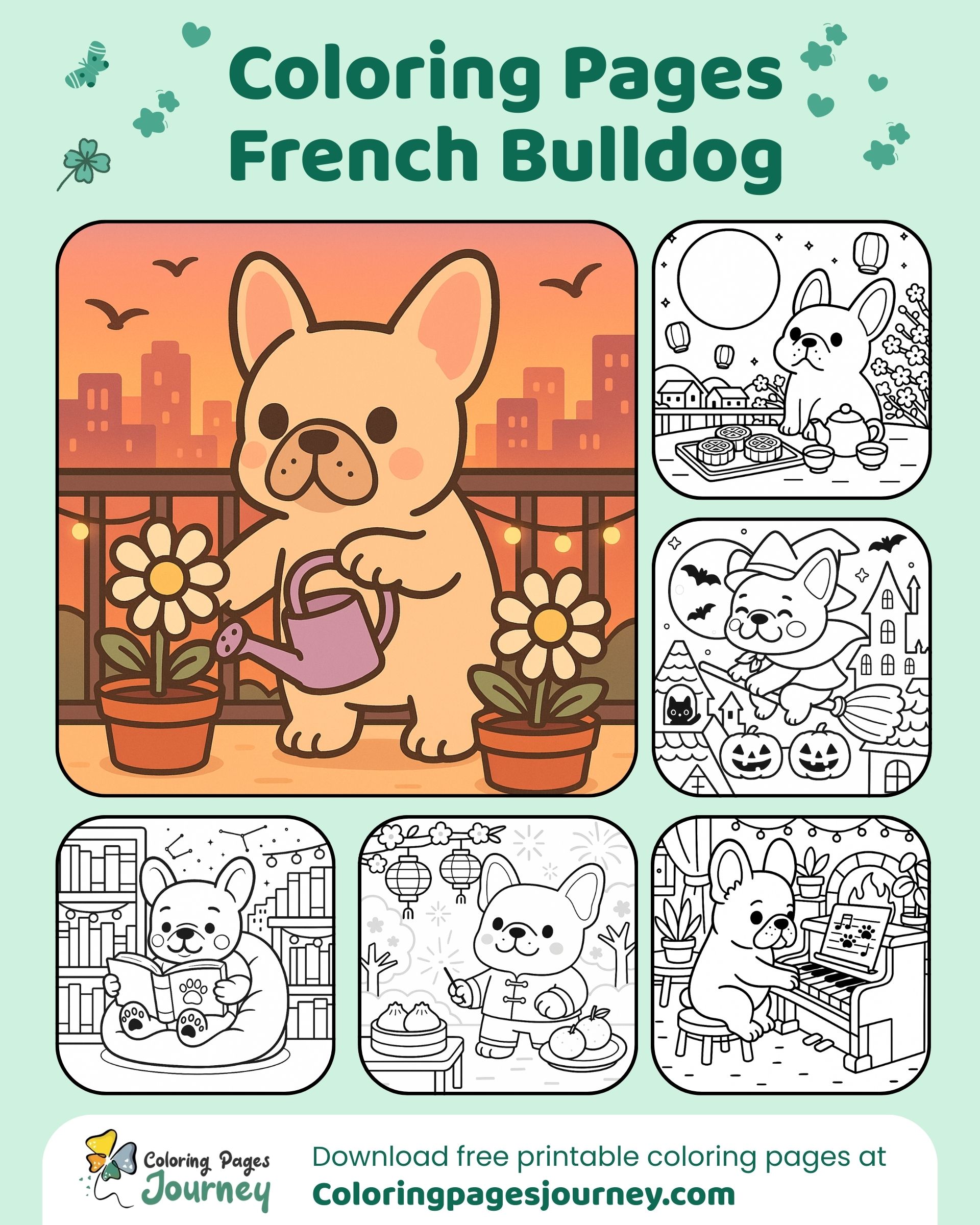 French Bulldog coloring page cover with cute themed designs