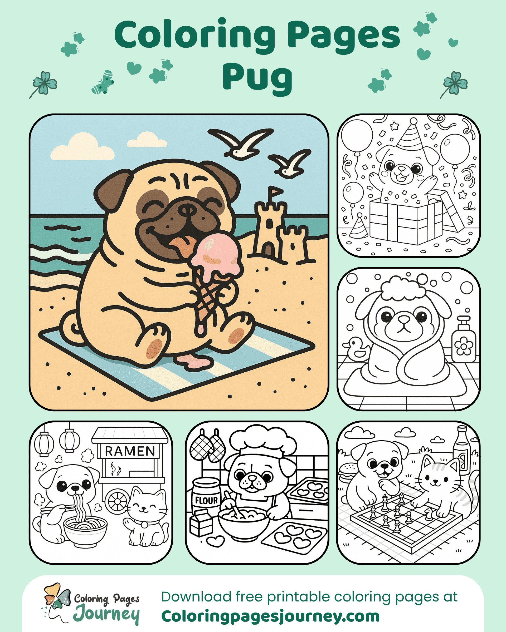 Pug adventures captured in fun and playful coloring scenes