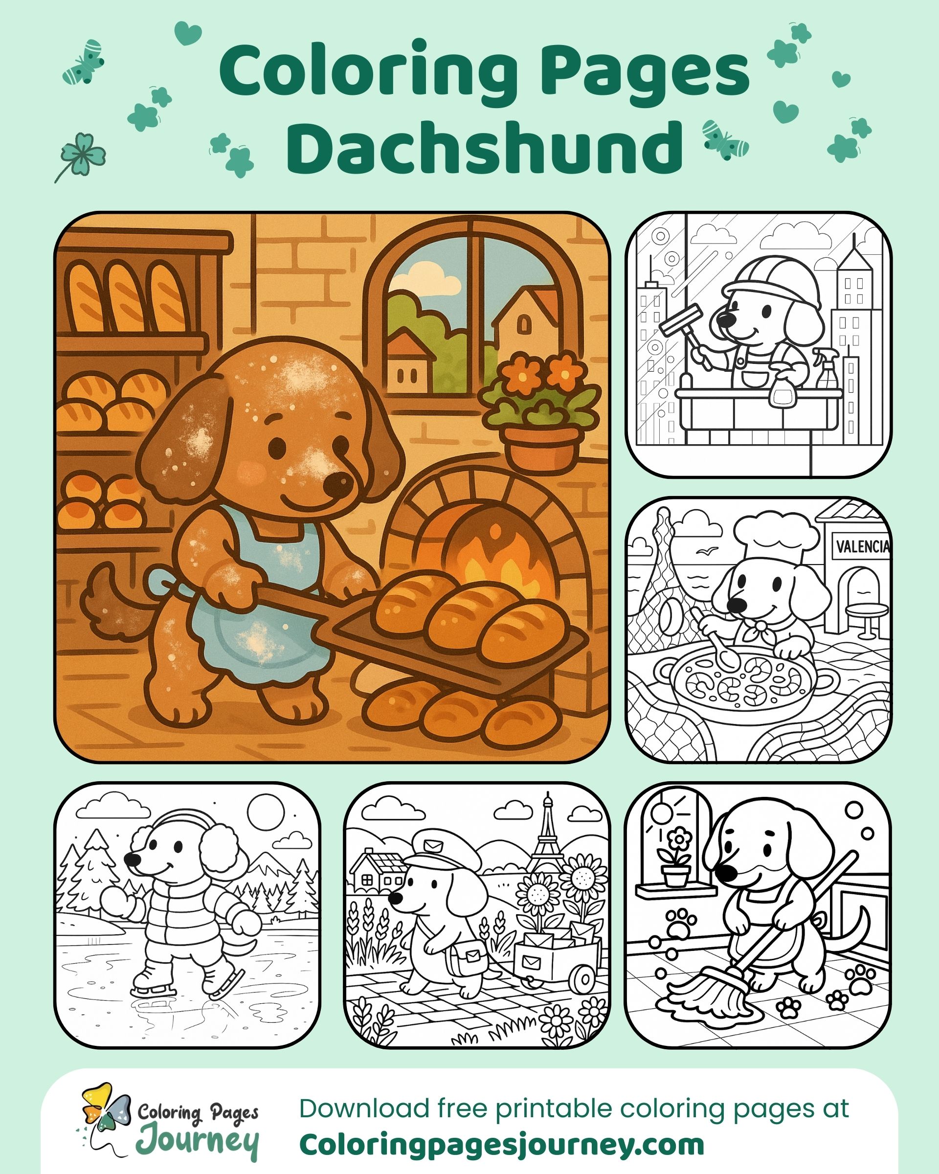 A Dachshund coloring page mix with joyful everyday scenes