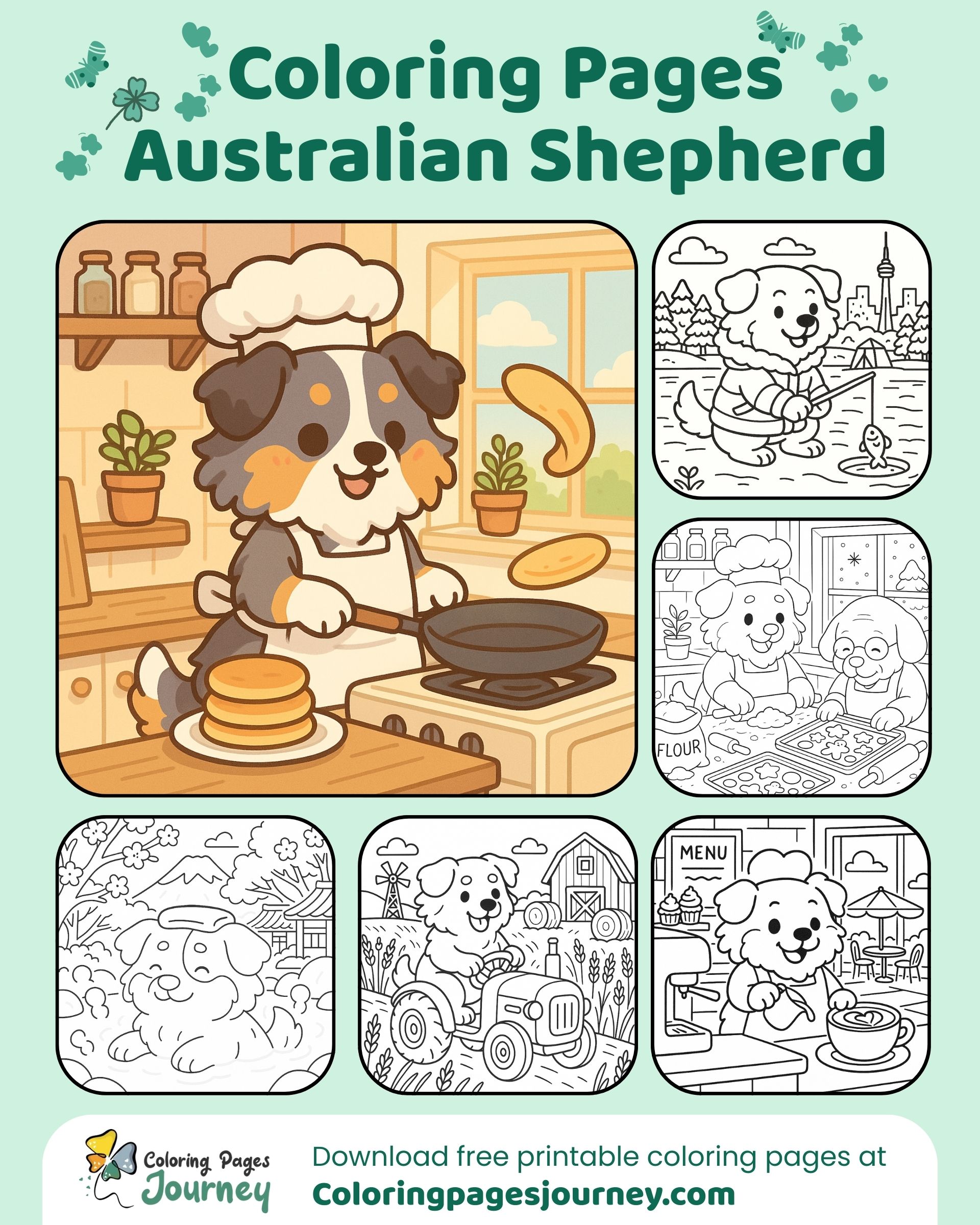 Australian Shepherd coloring pages featuring fun home scenes