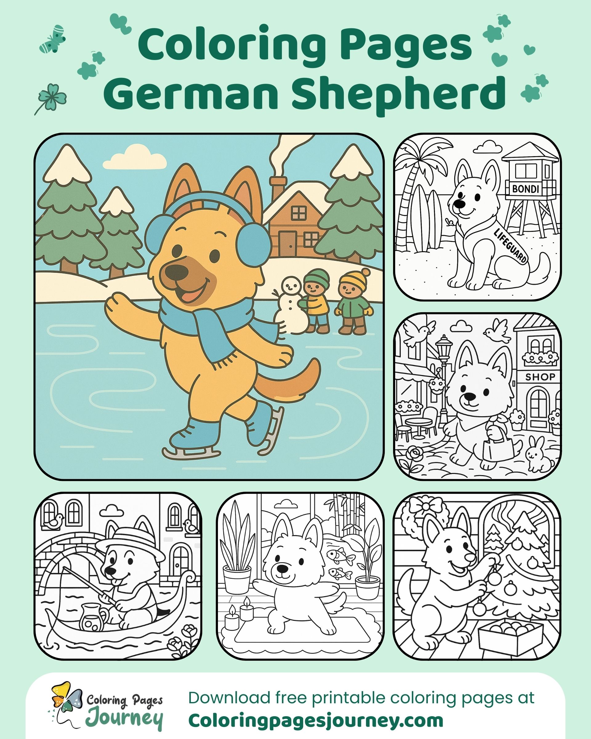 German Shepherd coloring pages in various activities