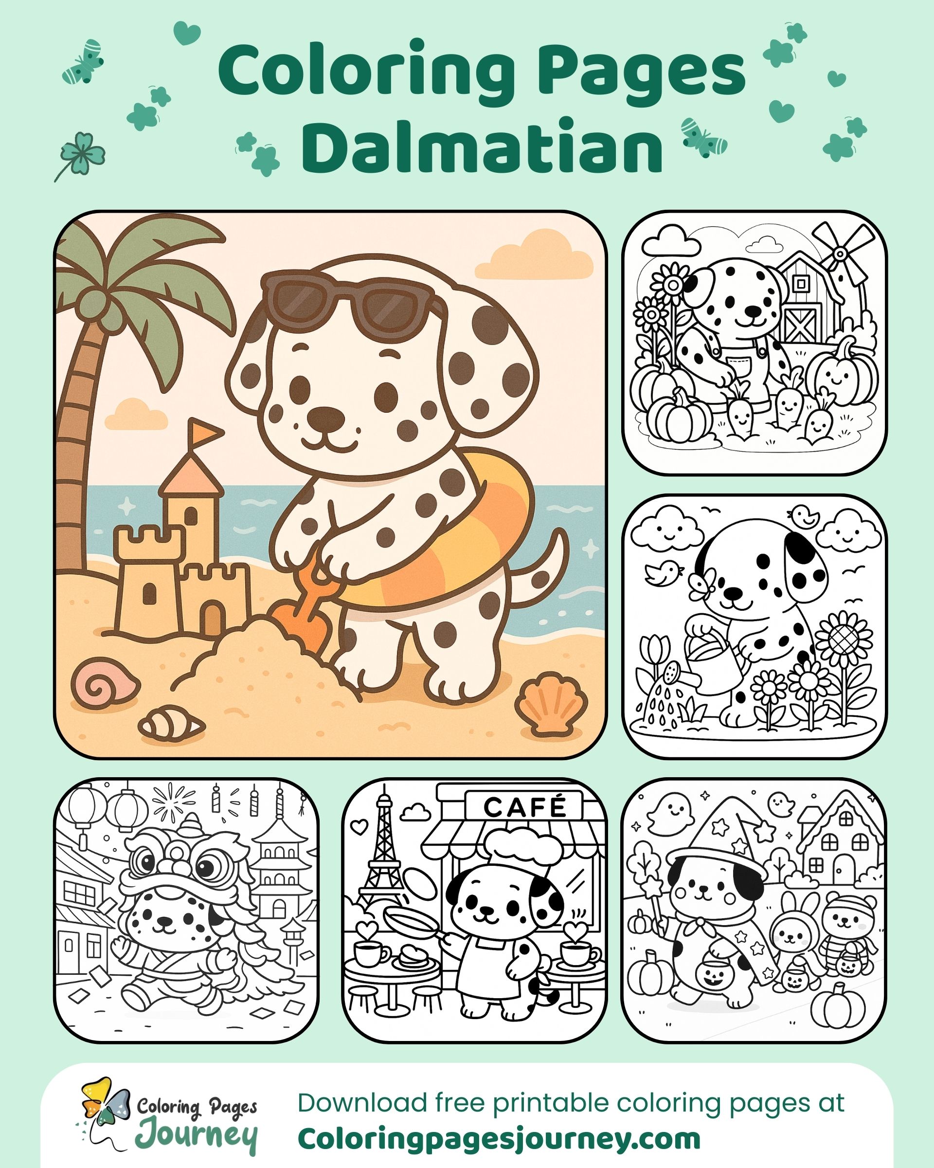 Dalmatian coloring pages with various moments full of charm